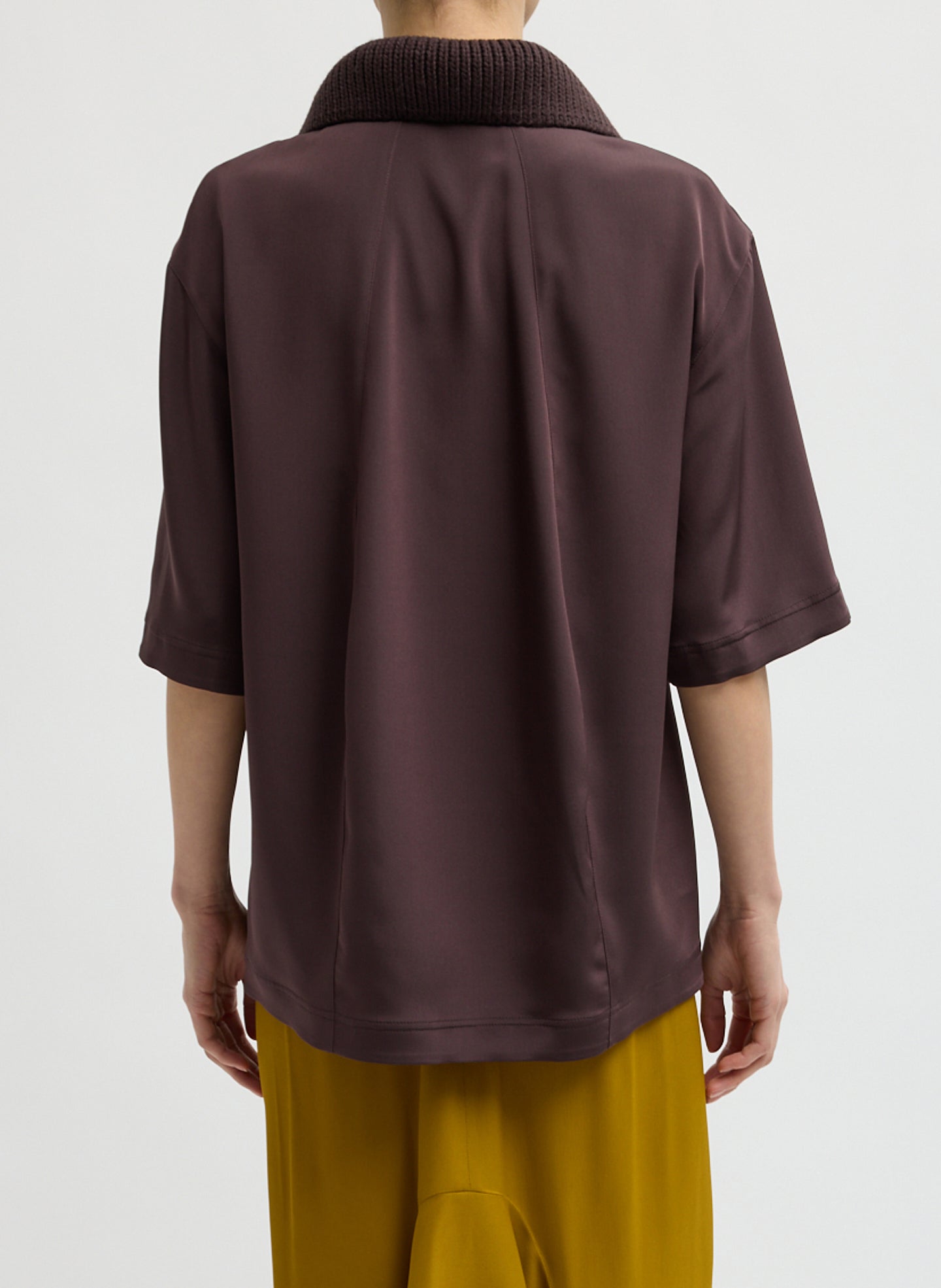 Brown Stretch Silk Nylon CDC Knit Collar Cocoon Top - short sleeve collared top, back view on model
