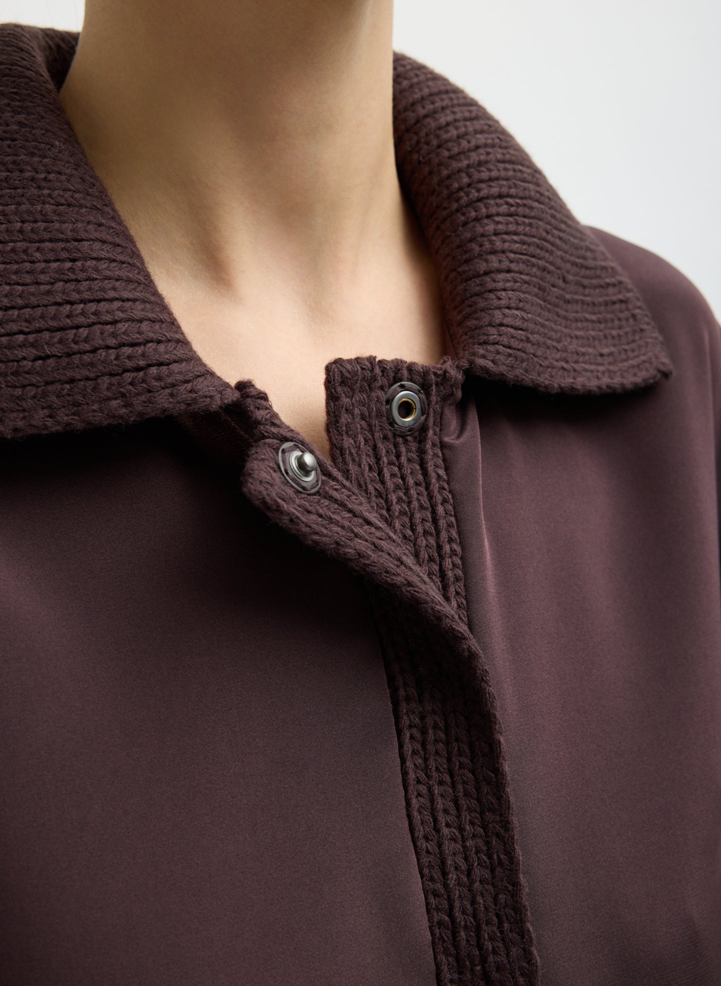 Brown Stretch Silk Nylon CDC Knit Collar Cocoon Top - closeup of collar detail