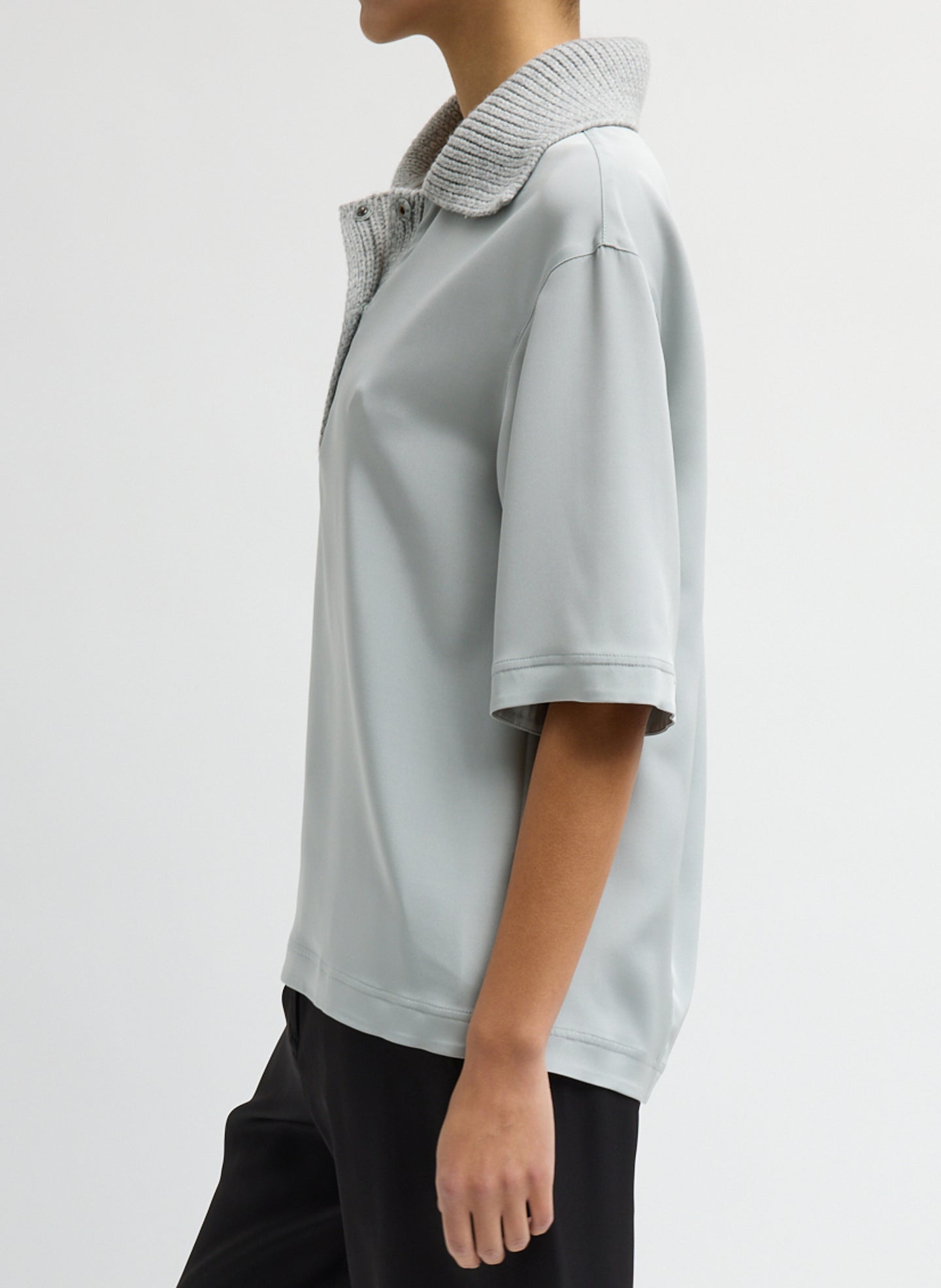Light Grey Stretch Silk Nylon CDC Knit Collar Cocoon Top - short sleeve collared top, side view on model