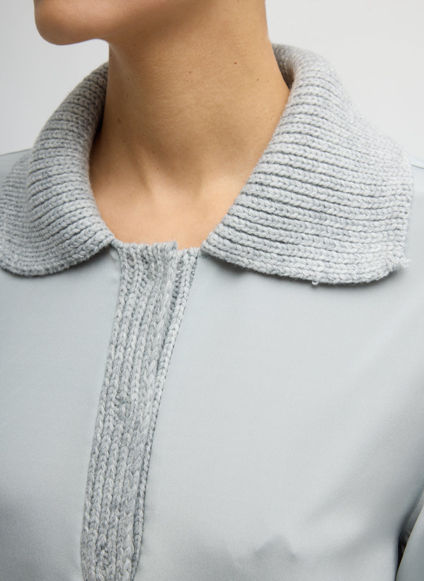 Light Grey Stretch Silk Nylon CDC Knit Collar Cocoon Top - closeup of knit collar detail