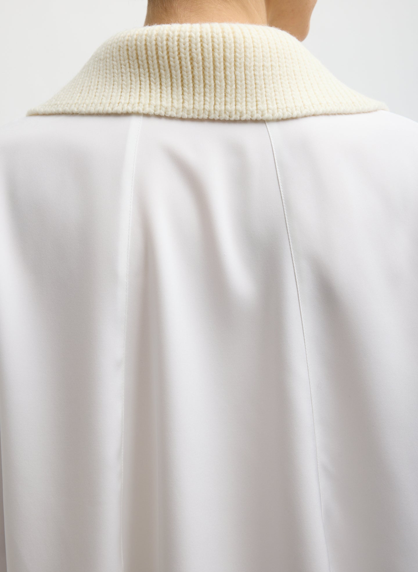 Ivory Stretch Silk Nylon CDC Knit Collar Cocoon Top - closeup of back collar detail
