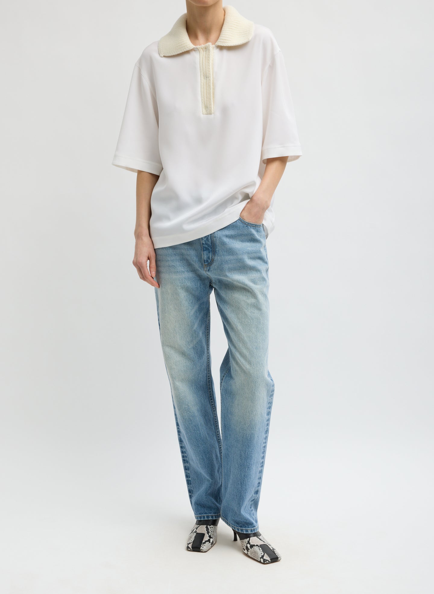 Ivory Stretch Silk Nylon CDC Knit Collar Cocoon Top - full look, front view on model