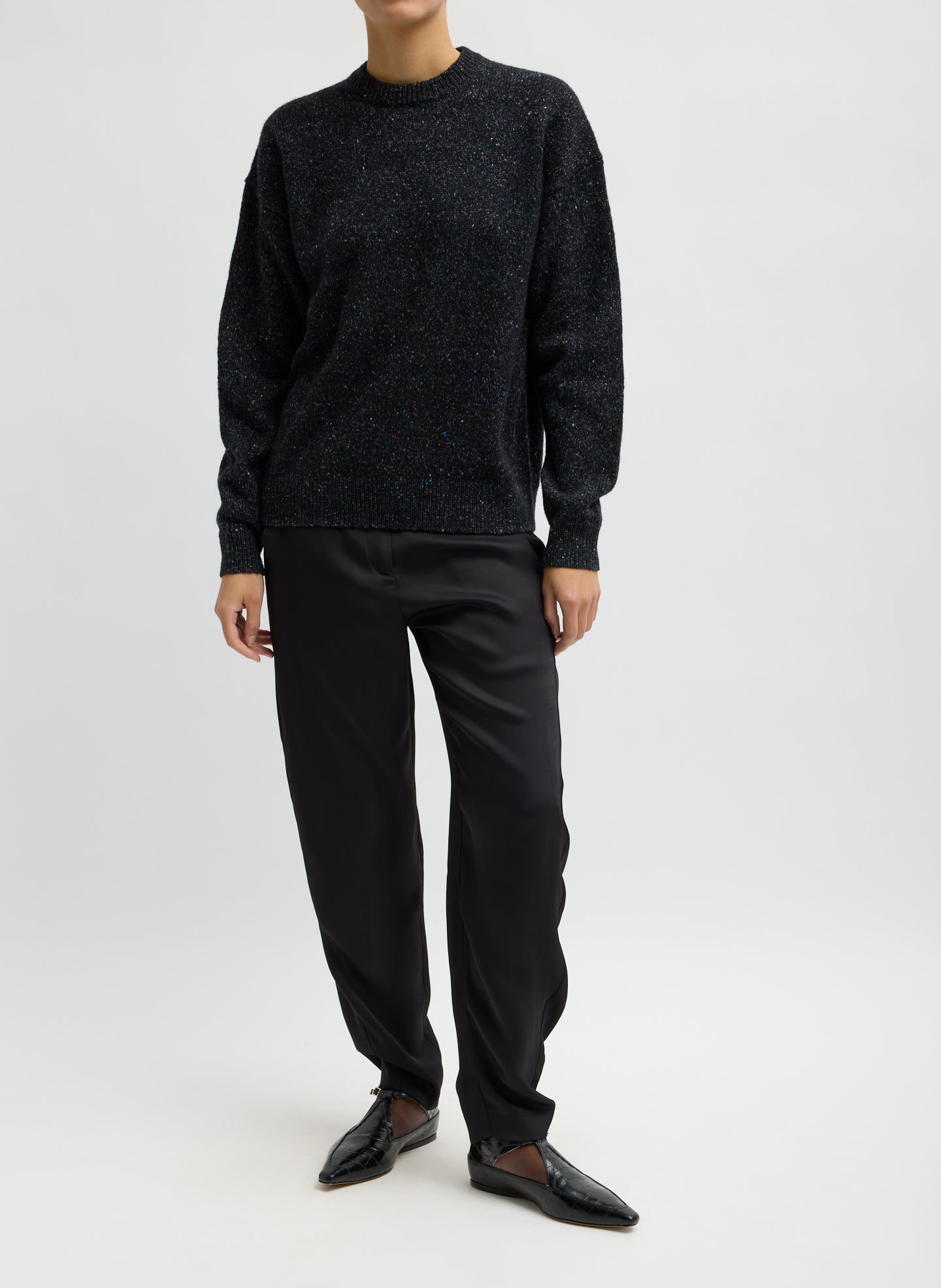 Black Multi Speckled Tweed Crewneck Sweater - full look, front view on model