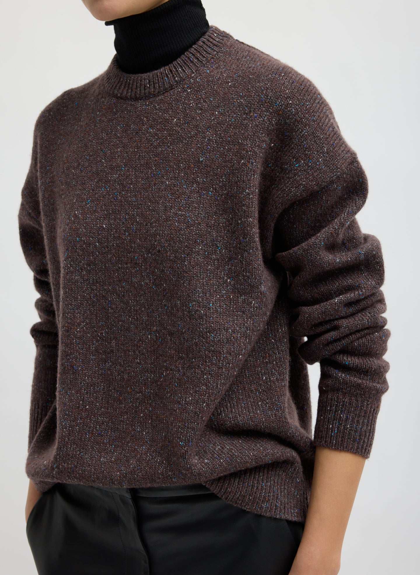 Brown Multi Speckled Tweed Crewneck Sweater - front view on model