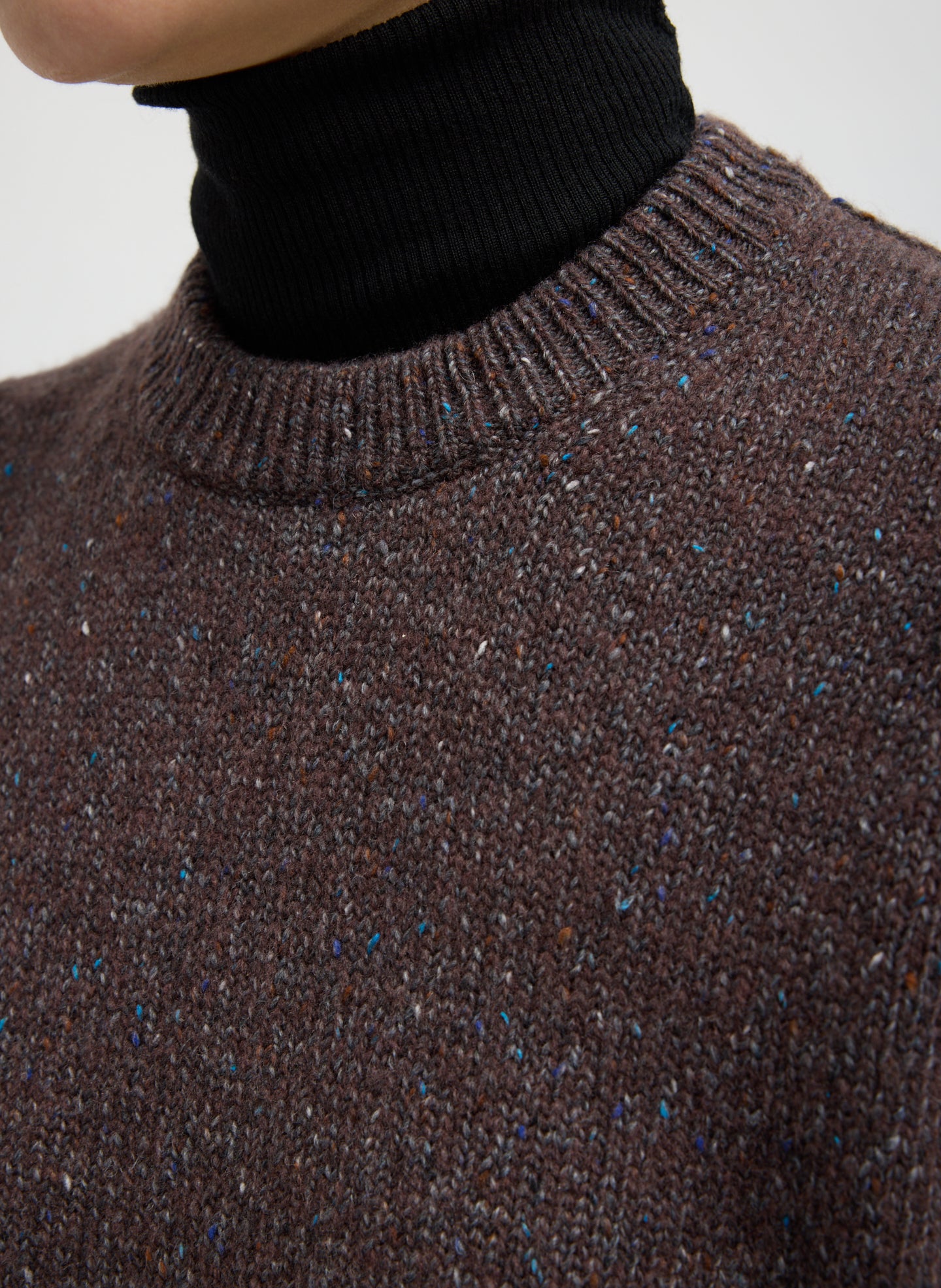 Brown Multi Speckled Tweed Crewneck Sweater - closeup of neckline