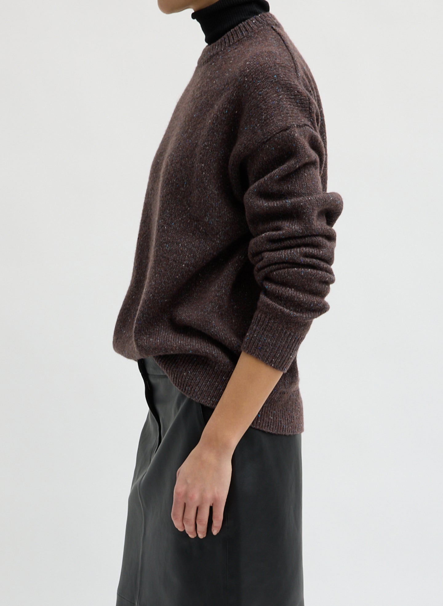 Brown Multi Speckled Tweed Crewneck Sweater - side view on model