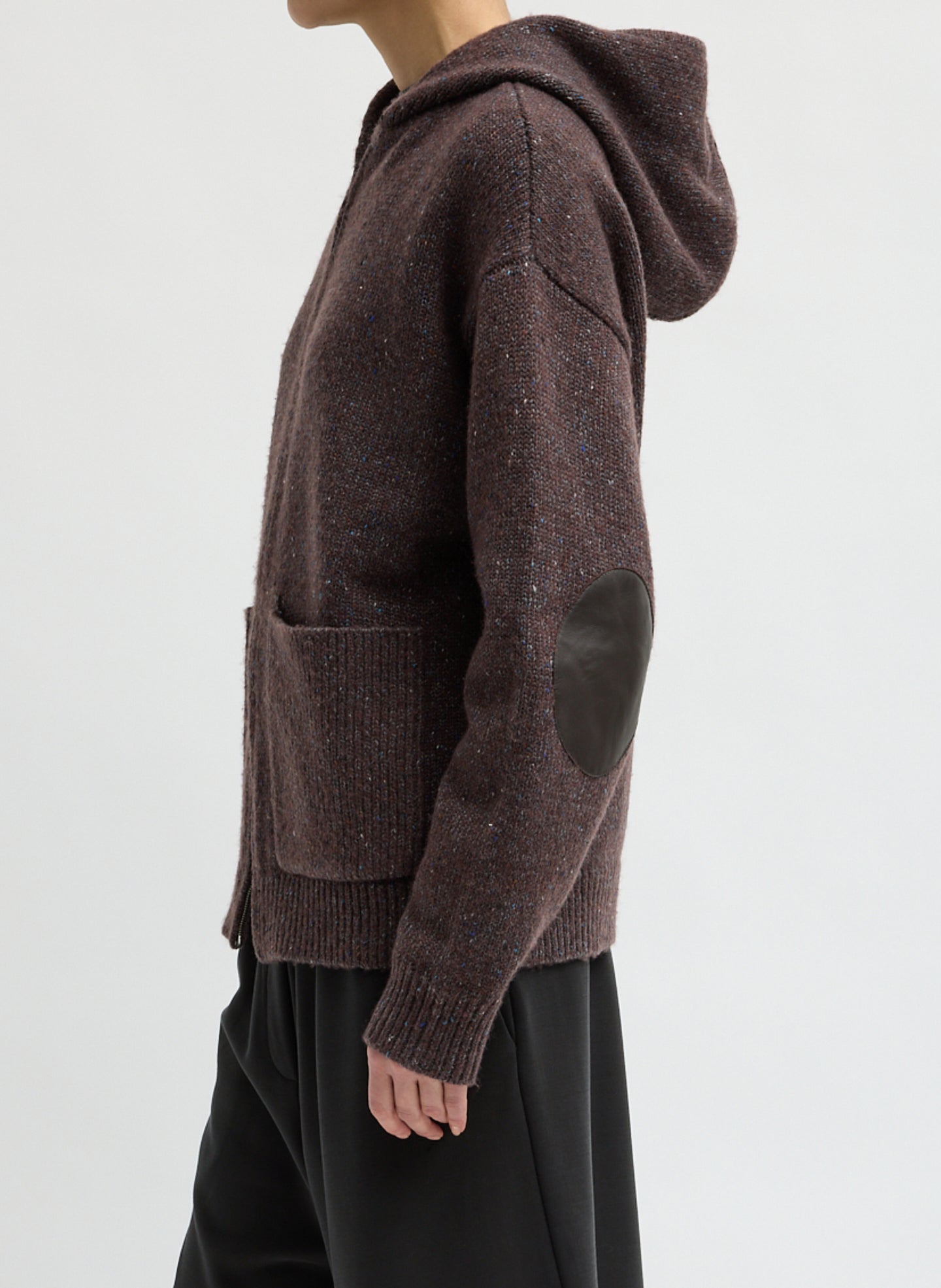 Brown Multi Speckled Tweed Zip Up Hoodie Jacket with Leather Patches - side view on model