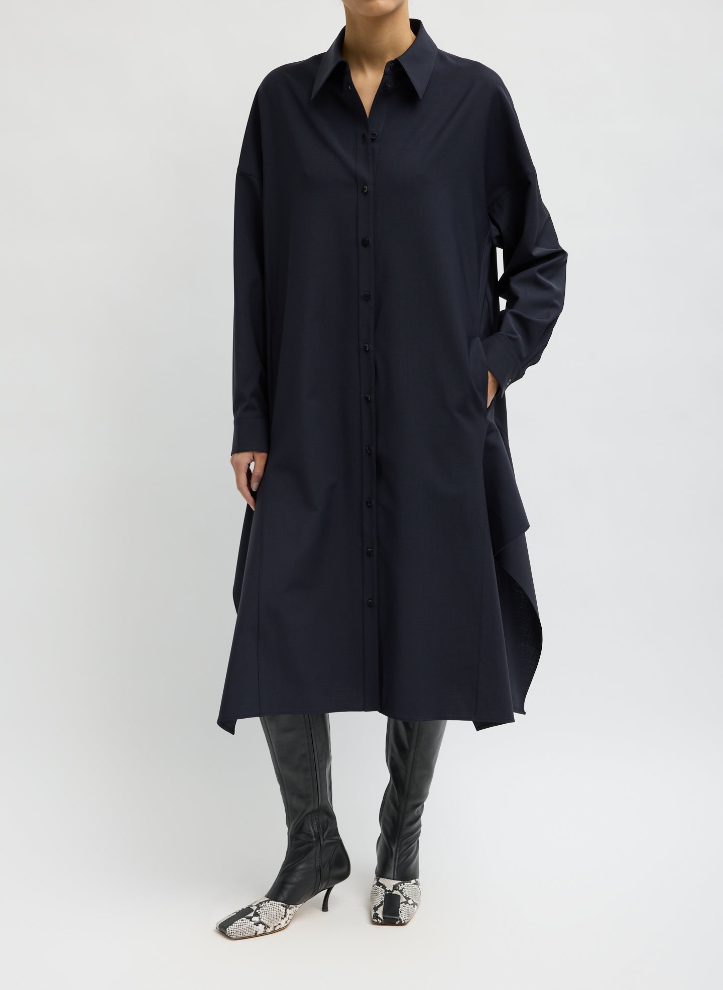 Navy Tropical Wool Shirtdress with Side Drape - long sleeve shirtdress, front view on model