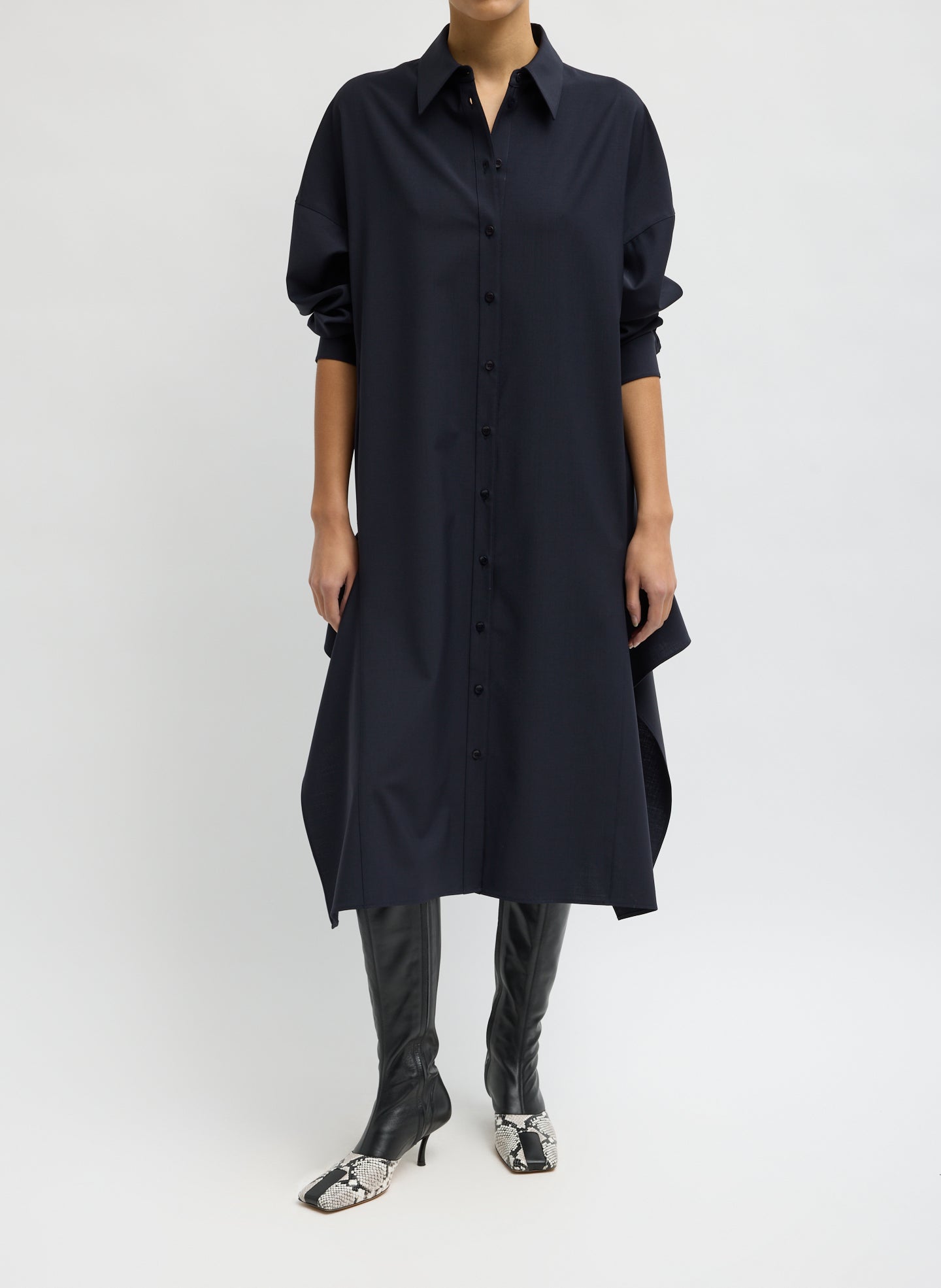 Navy Tropical Wool Shirtdress with Side Drape - long sleeve shirtdress, front view on model