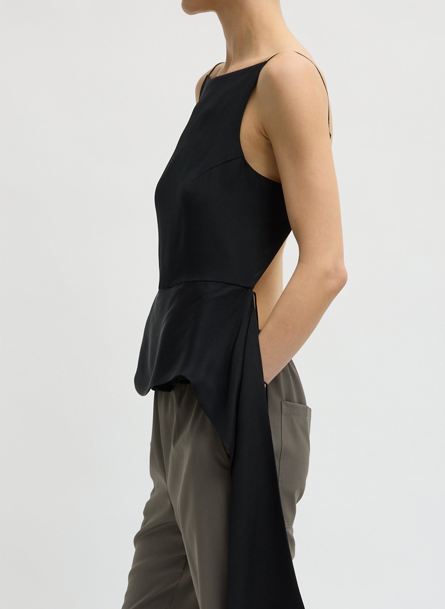 Black 4-Ply Silk Side Drape Cami - sleeveless black top, side view on model