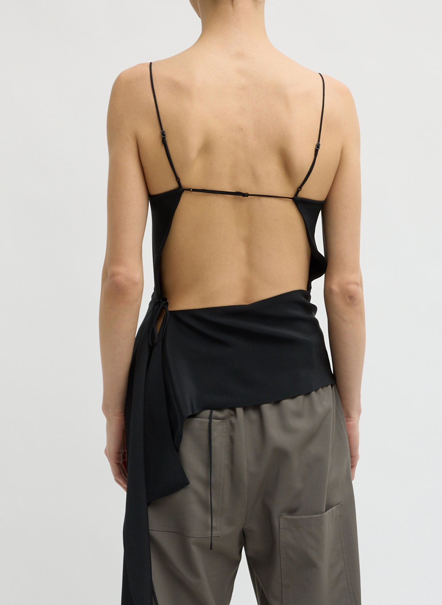 Black 4-Ply Silk Side Drape Cami - sleeveless black top, back view on model
