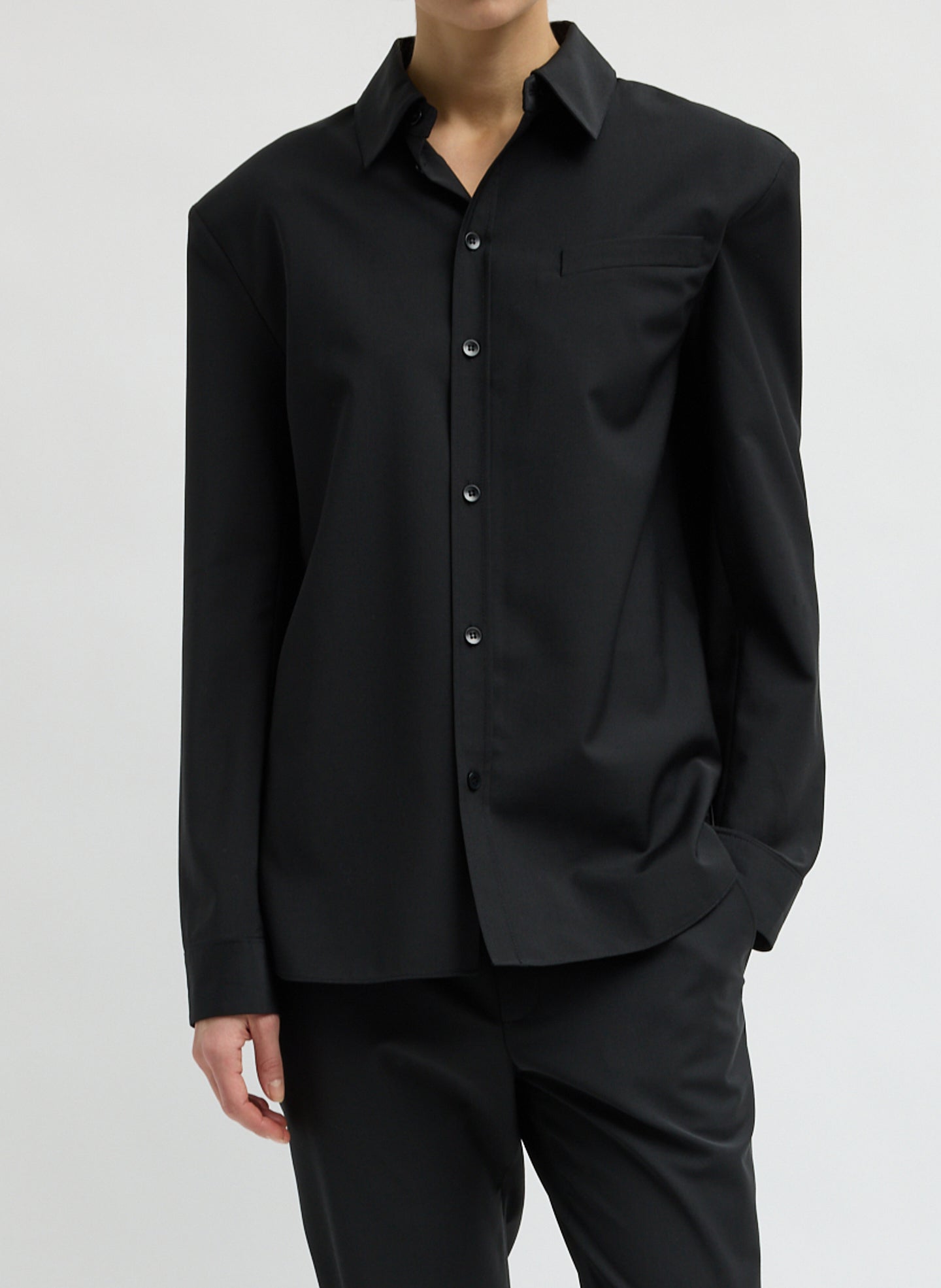 Black Recycled Tropical Wool Detached Shirt - button down shirt, front view on model