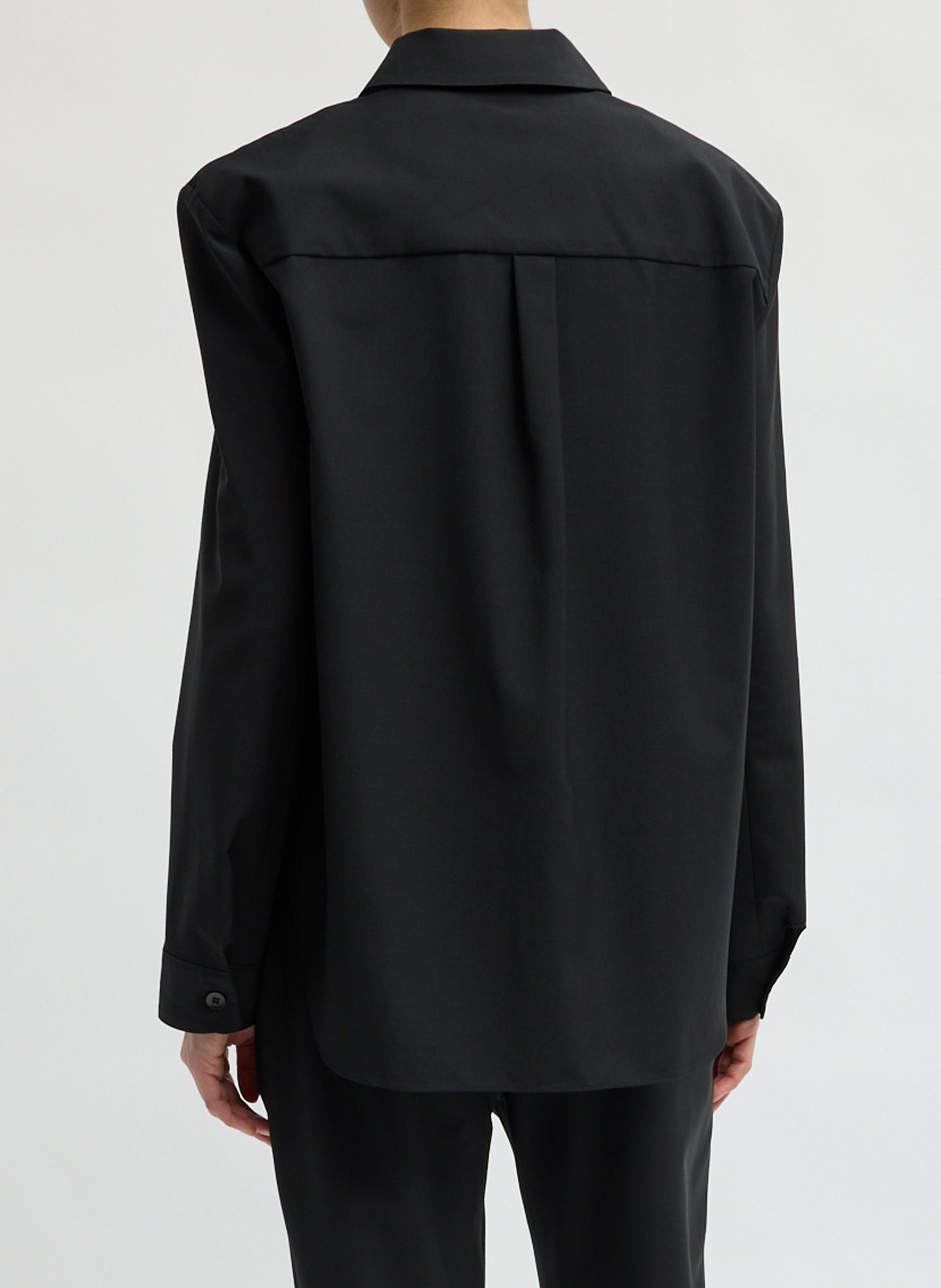 Black Recycled Tropical Wool Detached Shirt - button down shirt, back view on model