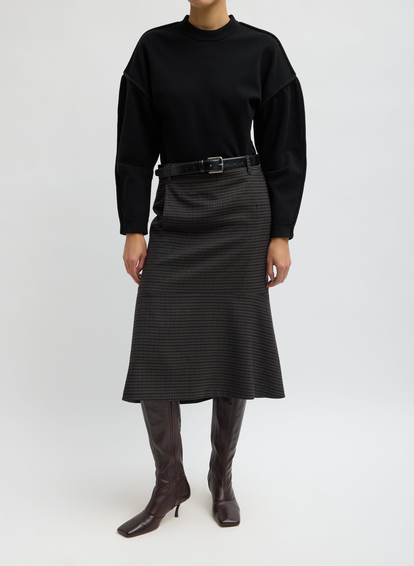 Black Sculpted Wool Fitted Sweater - full look, front view on model