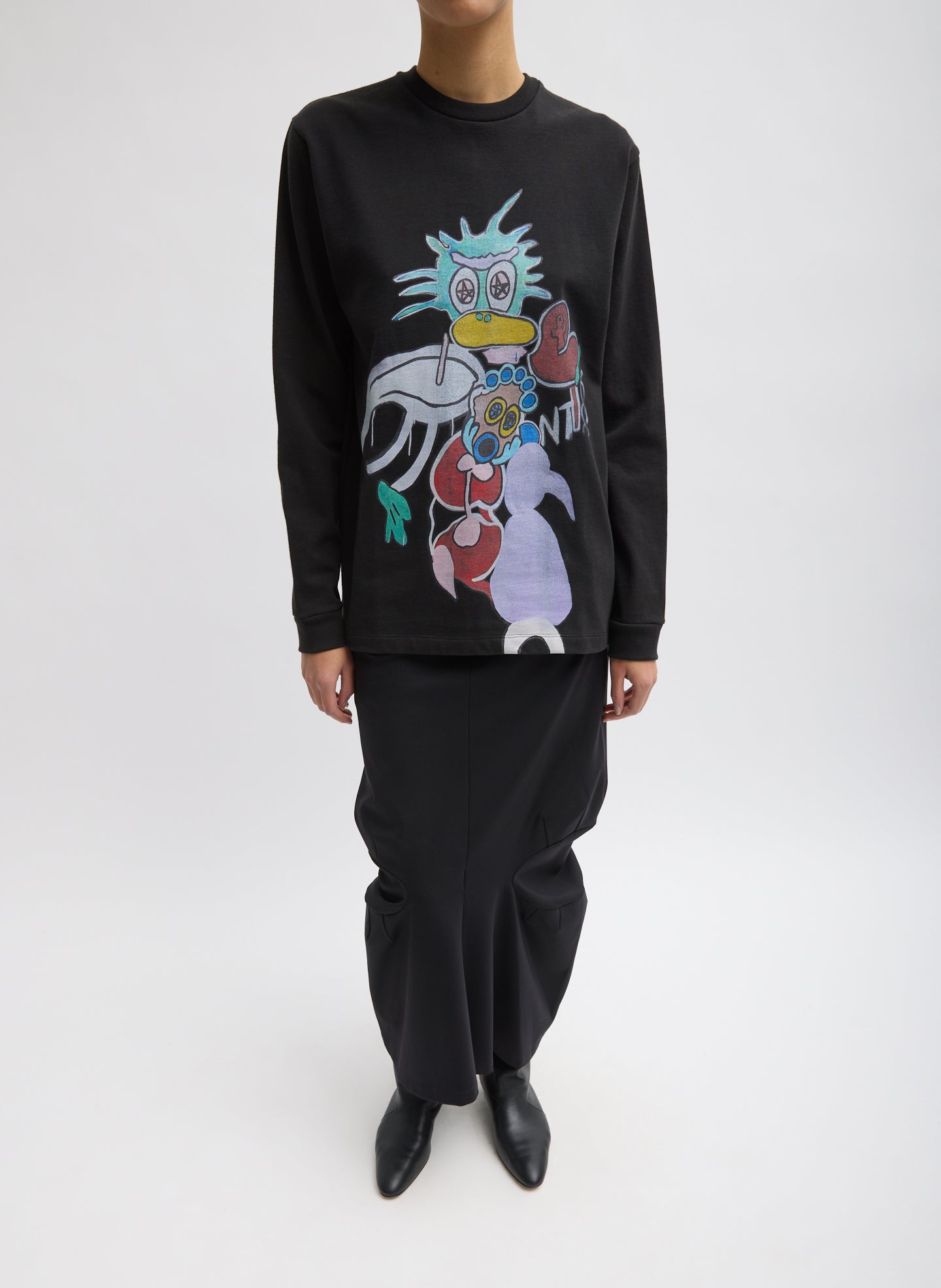 Black Perfect Unisex Long Sleeve T-Shirt "Untitled" - full look, front view on model