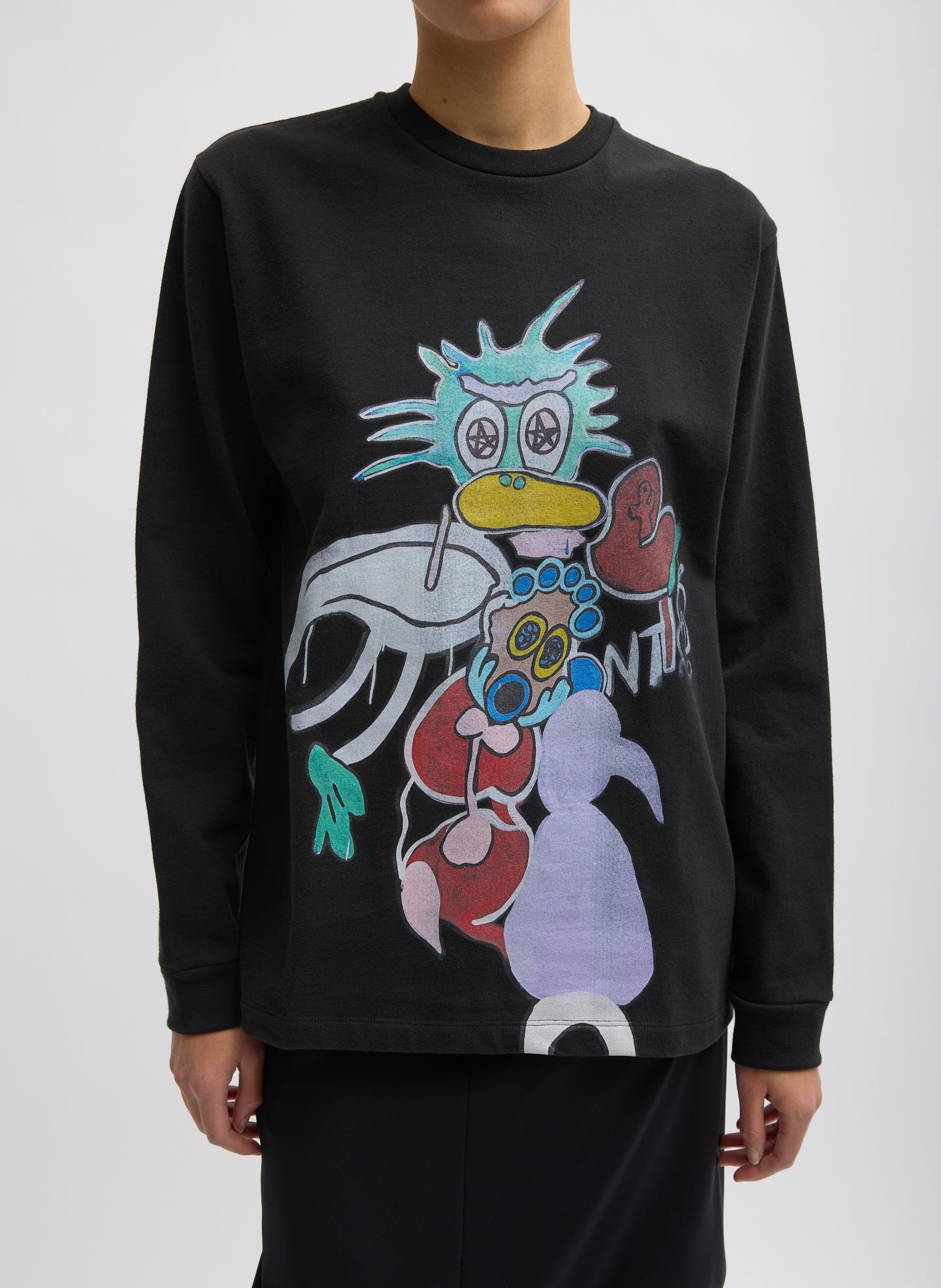 Black Perfect Unisex Long Sleeve T-Shirt "Untitled" - graphic t-shirt, front view on model