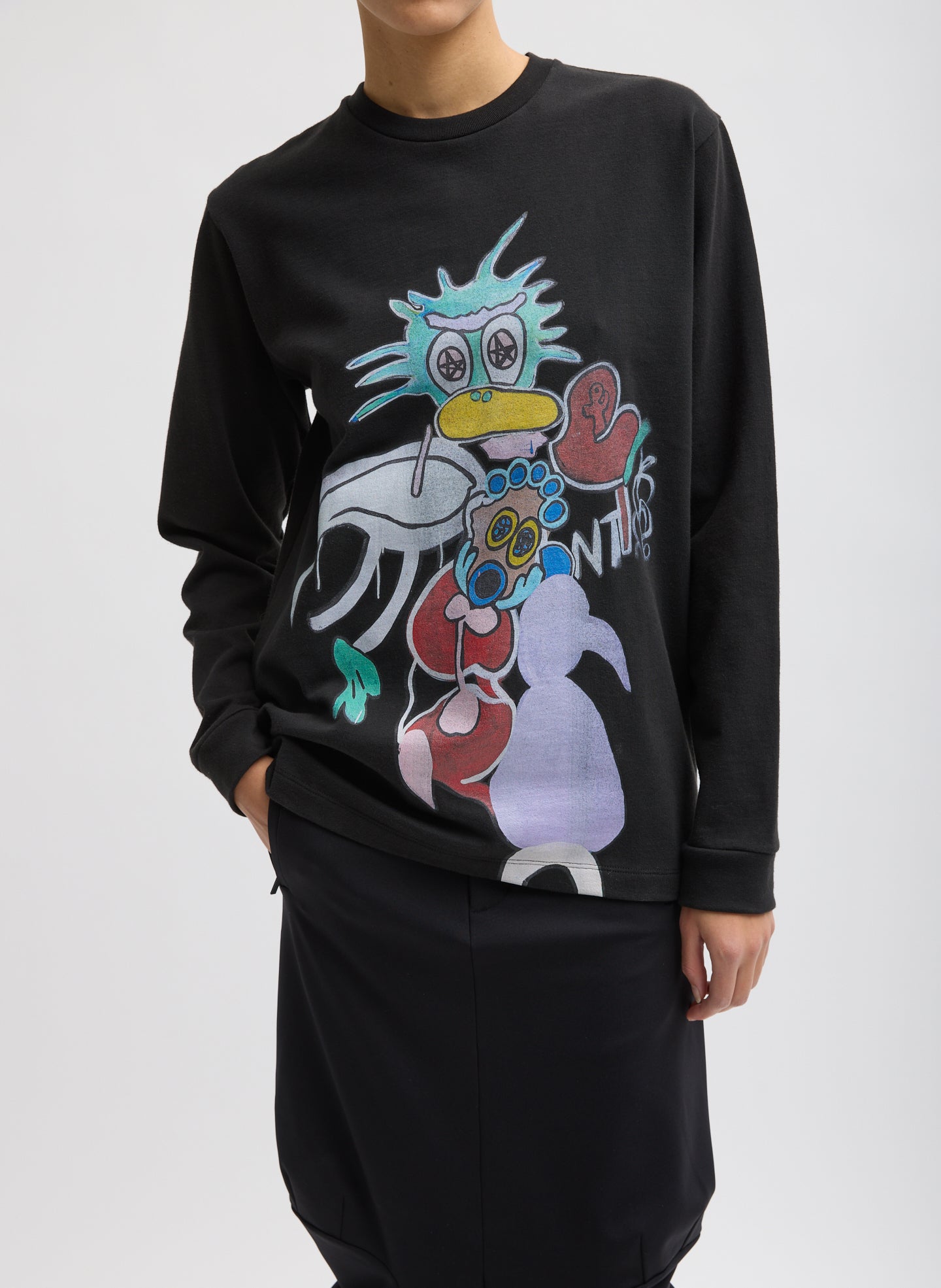 Black Perfect Unisex Long Sleeve T-Shirt "Untitled" - graphic t-shirt, front view on model