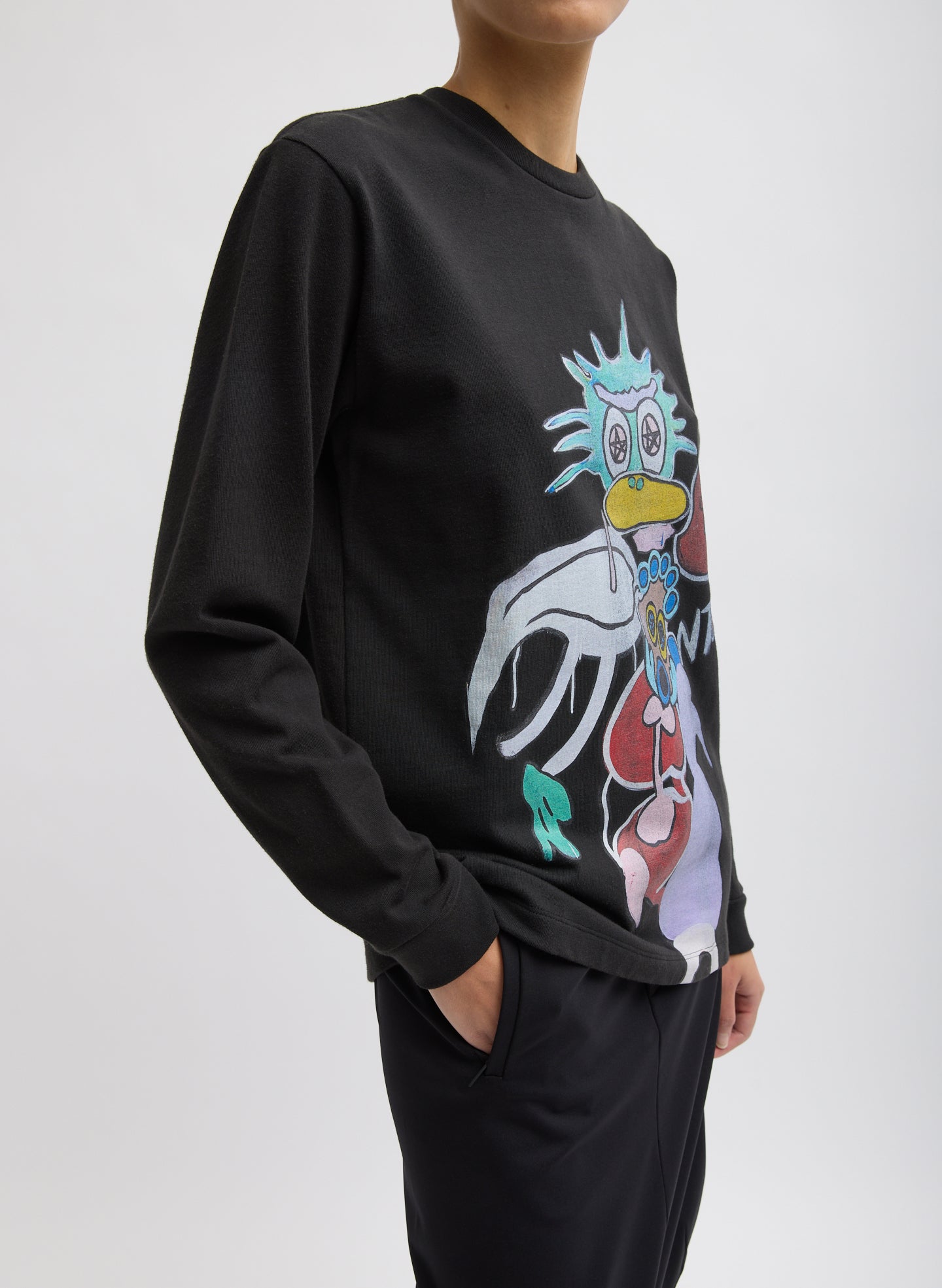 Black Perfect Unisex Long Sleeve T-Shirt "Untitled" - graphic t-shirt, side view on model