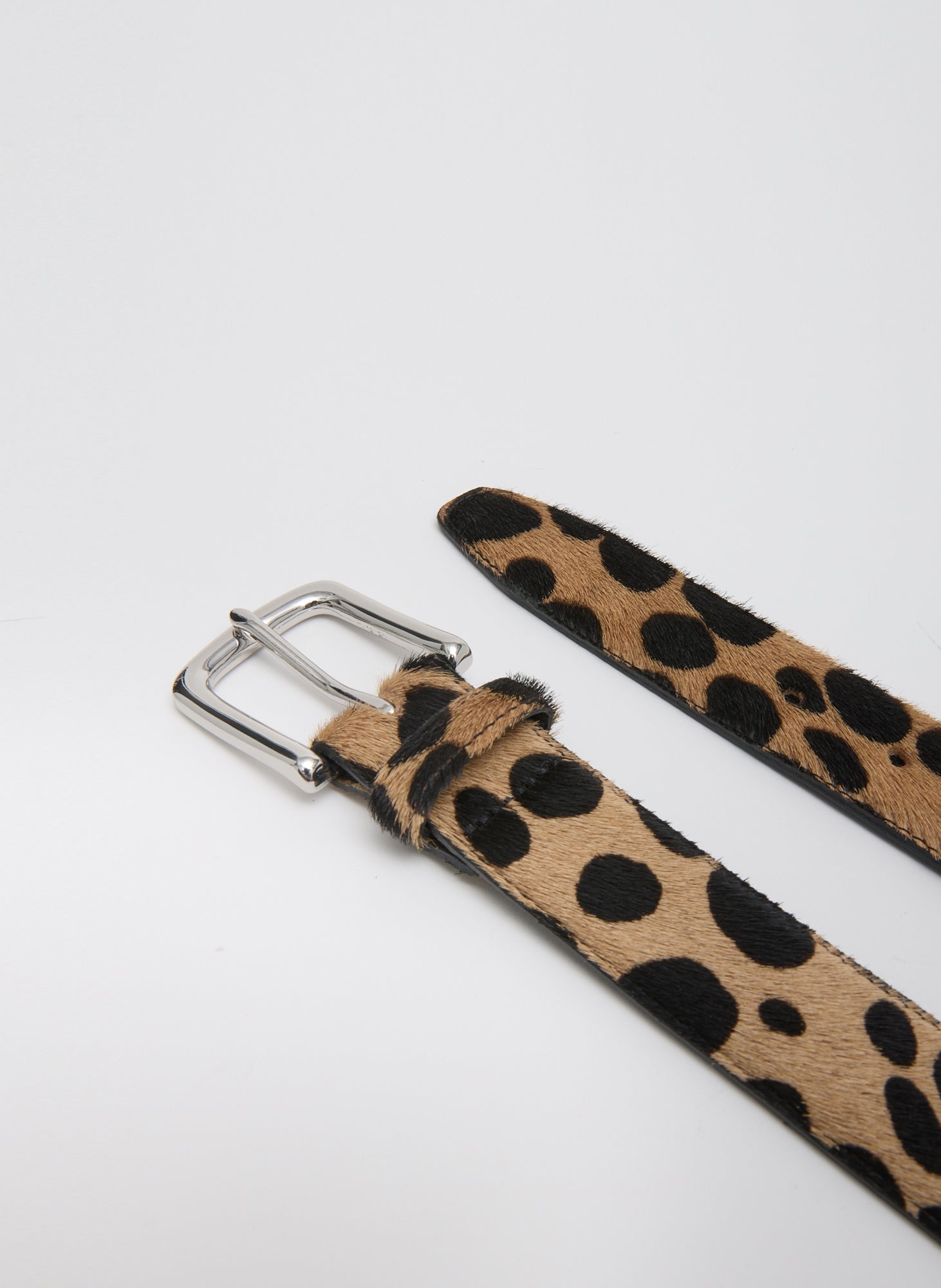 Leopard Print Classic Pony Hair Leather Belt - closeup of belt buckle