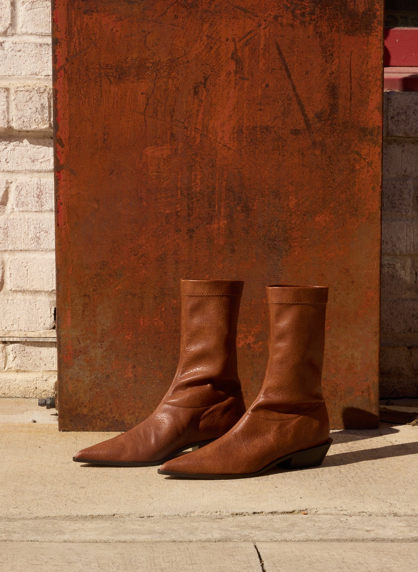 Cognac Brown Faux Leather Leo Boot - editorial image
