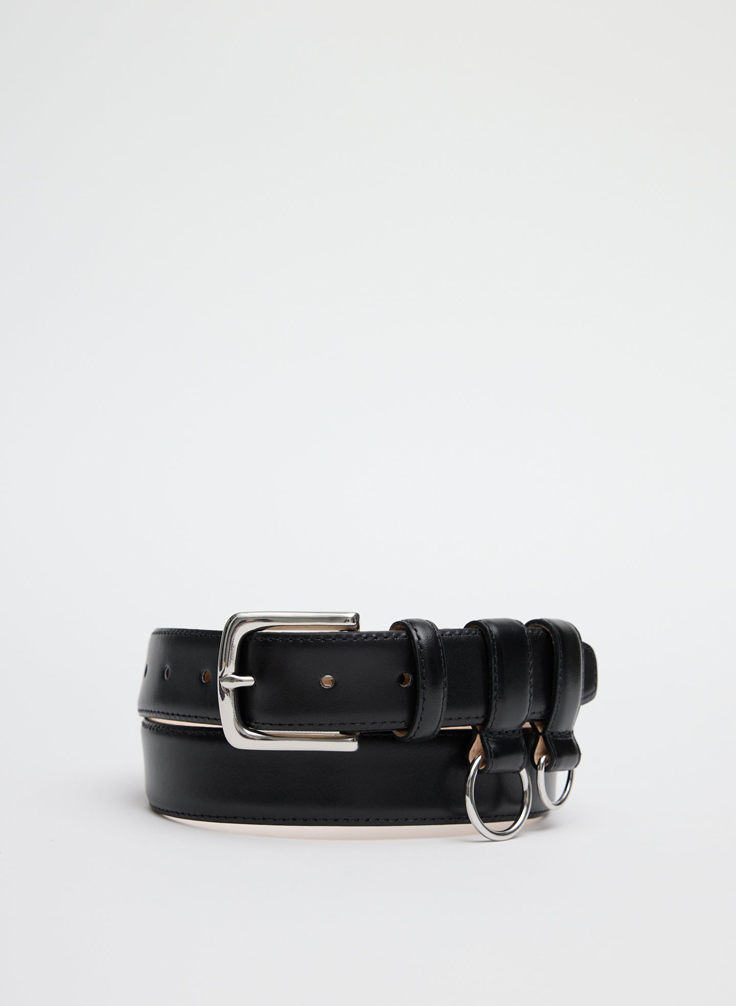 Black Classic Ring Hardware Leather Belt - d-ring, silver-tone hardware