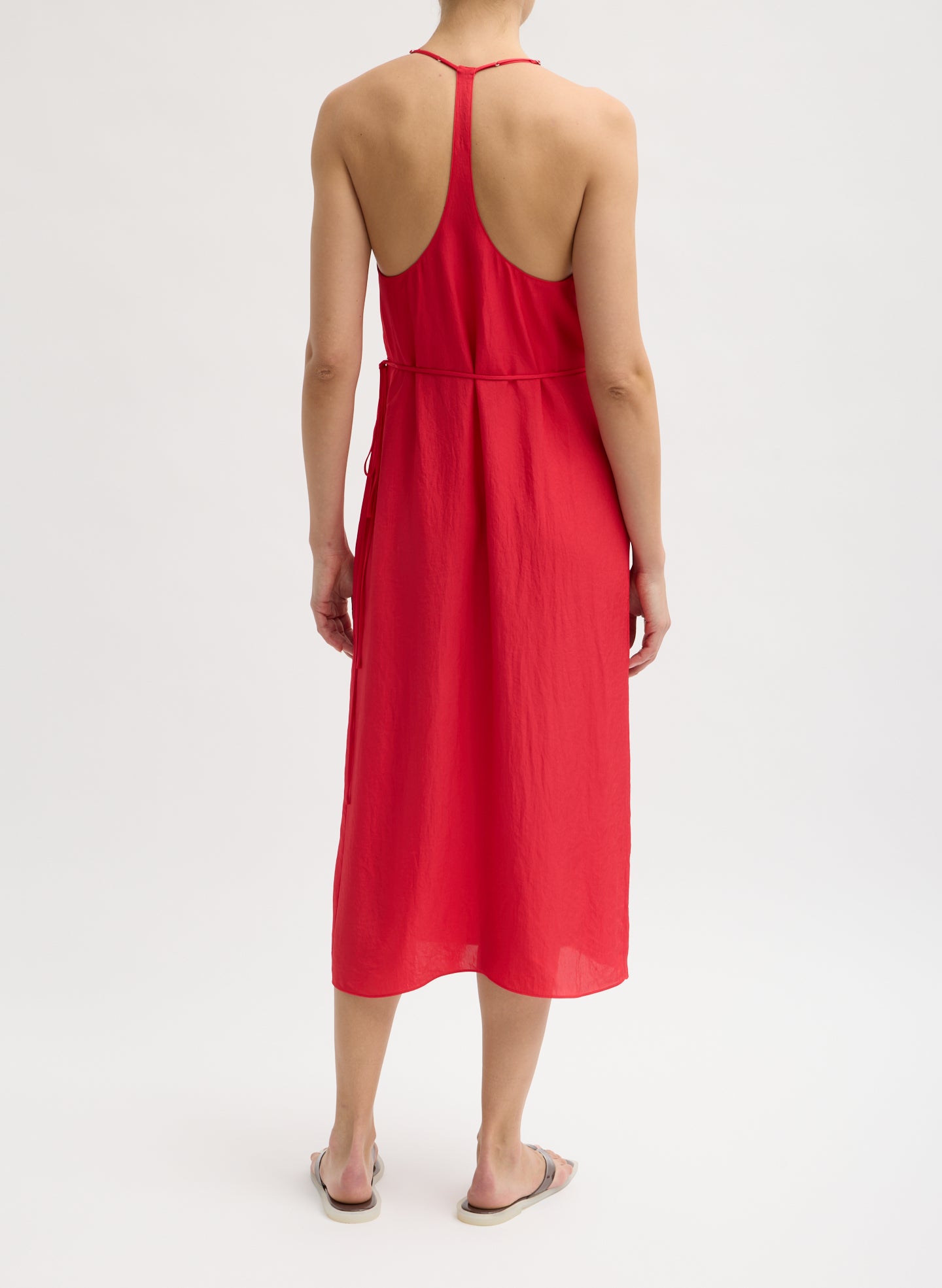 Red Summer Slip Wrap Dress - midi dress, back view on model