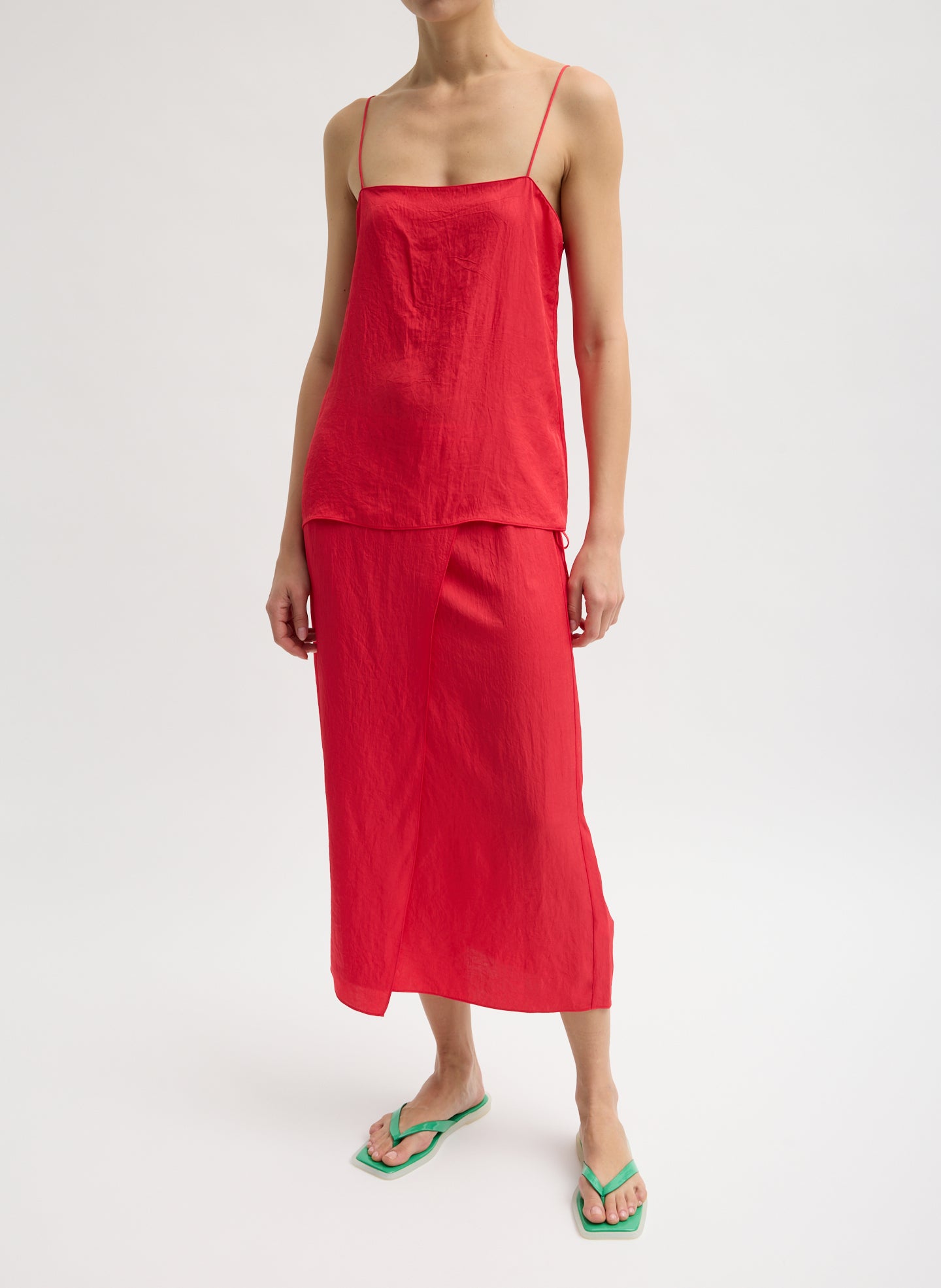Red Summer Slip Cami - full look, front view on model