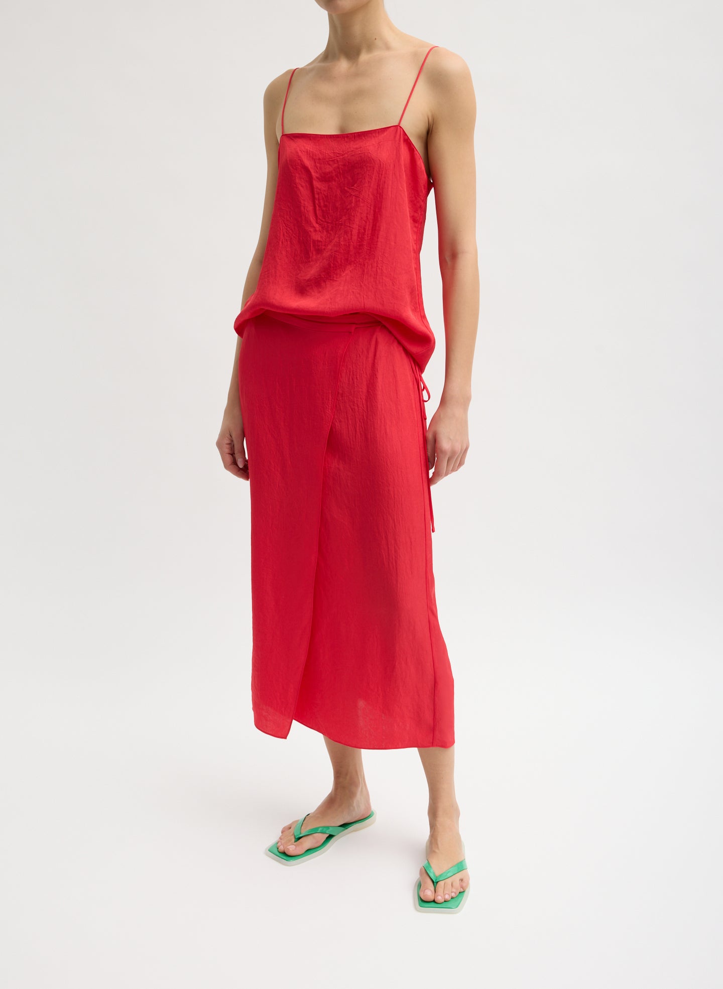 Red Summer Slip Wrap Skirt - midi skirt, front view on model