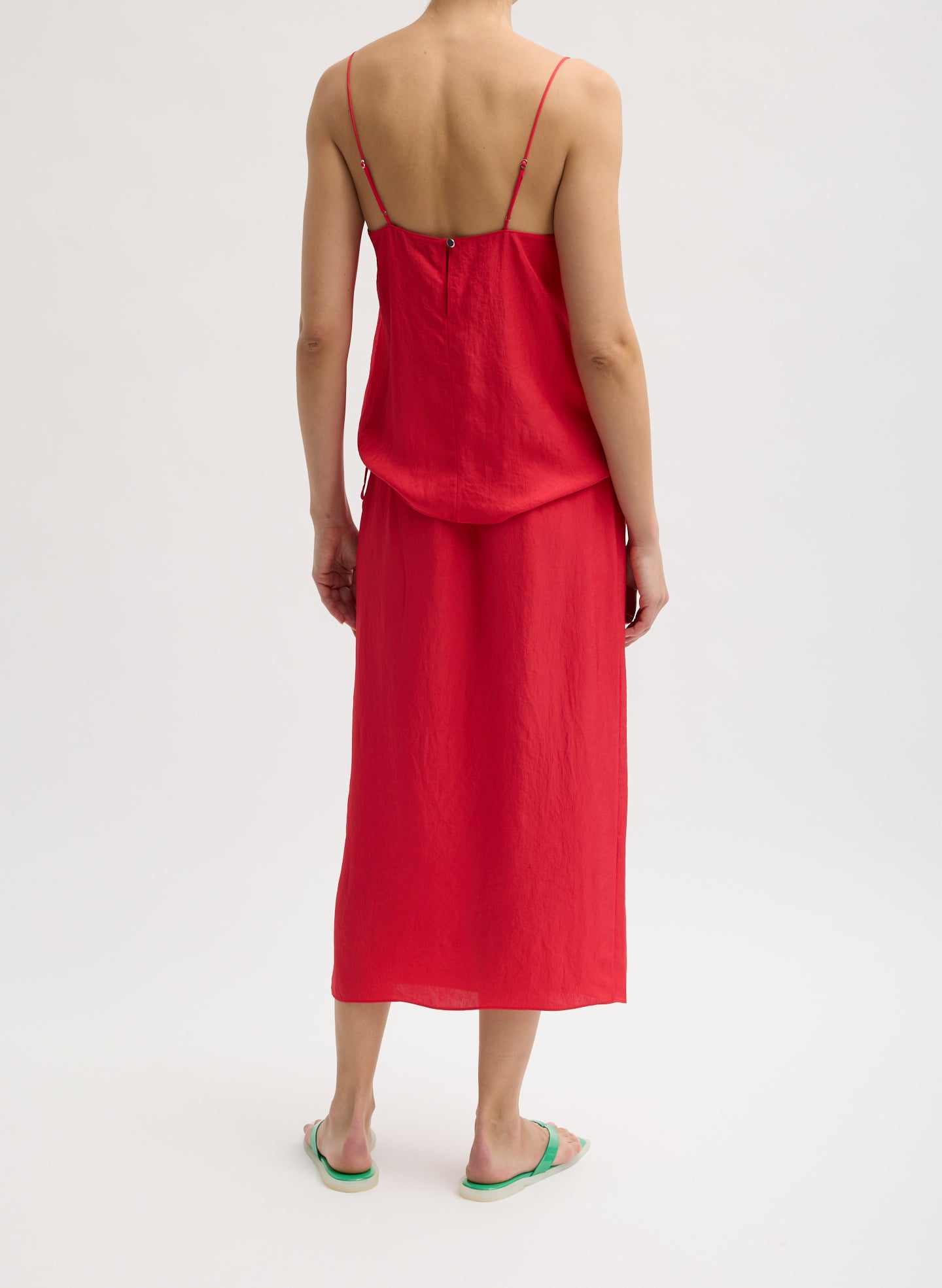 Red Summer Slip Wrap Skirt - midi skirt, back view on model