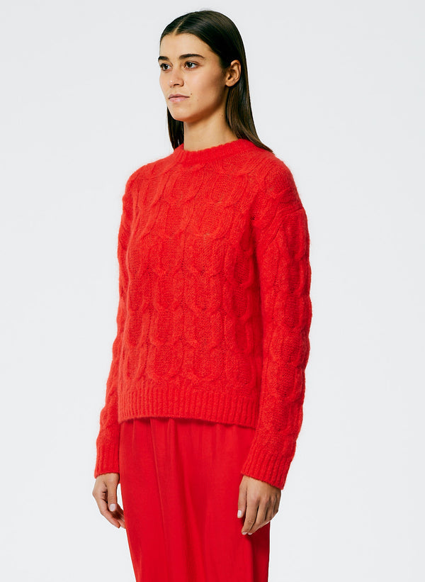 Soft Mohair Cable Crewneck Easy Pullover - Red-2