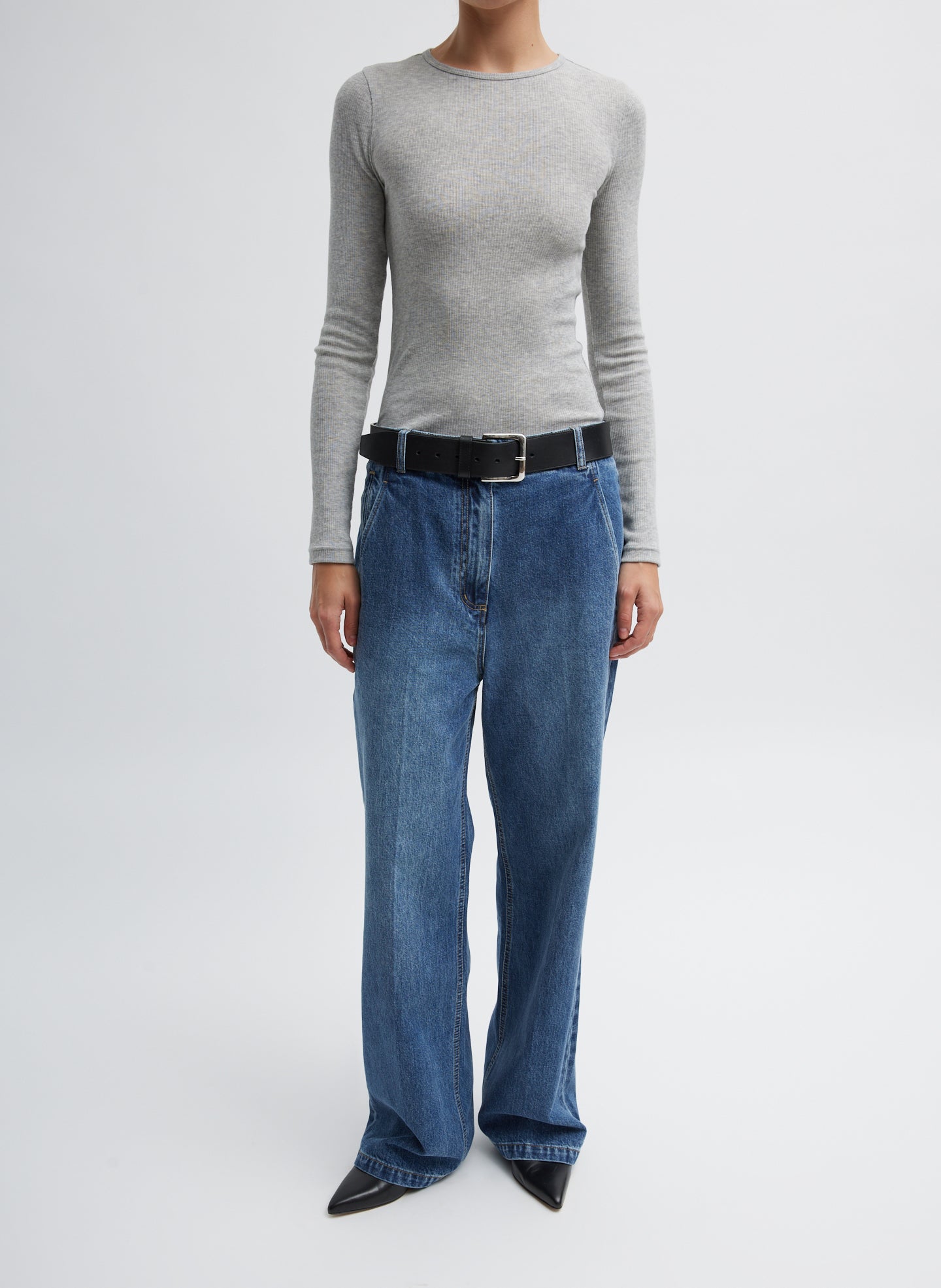 Heather Grey Circular Ribbed Crewneck Pullover T-Shirt - long sleeved tee, full look, front view on model