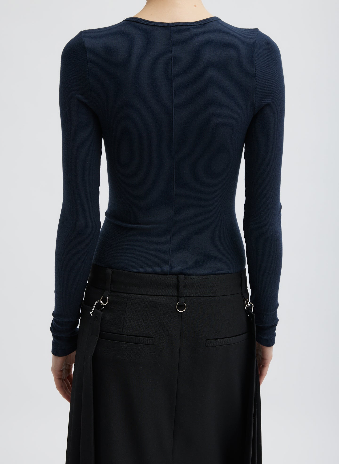 Navy Blue Circular Ribbed Crewneck Pullover T-Shirt - long sleeved tee, back view on model