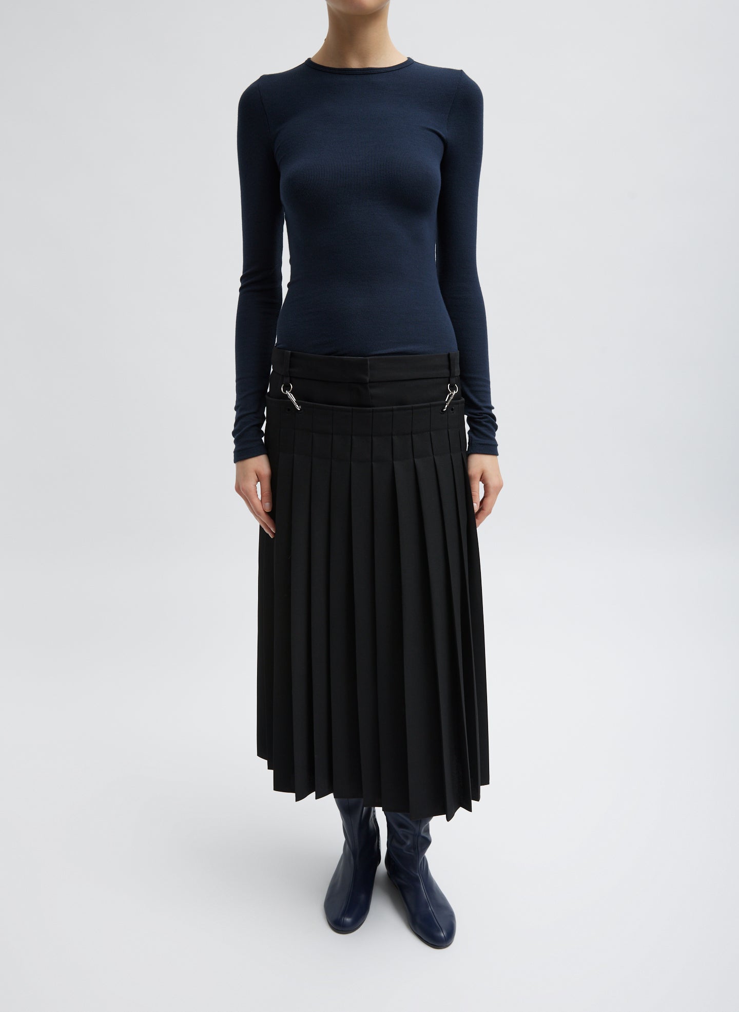 Navy Blue Circular Ribbed Crewneck Pullover T-Shirt - long sleeved tee, front view on model