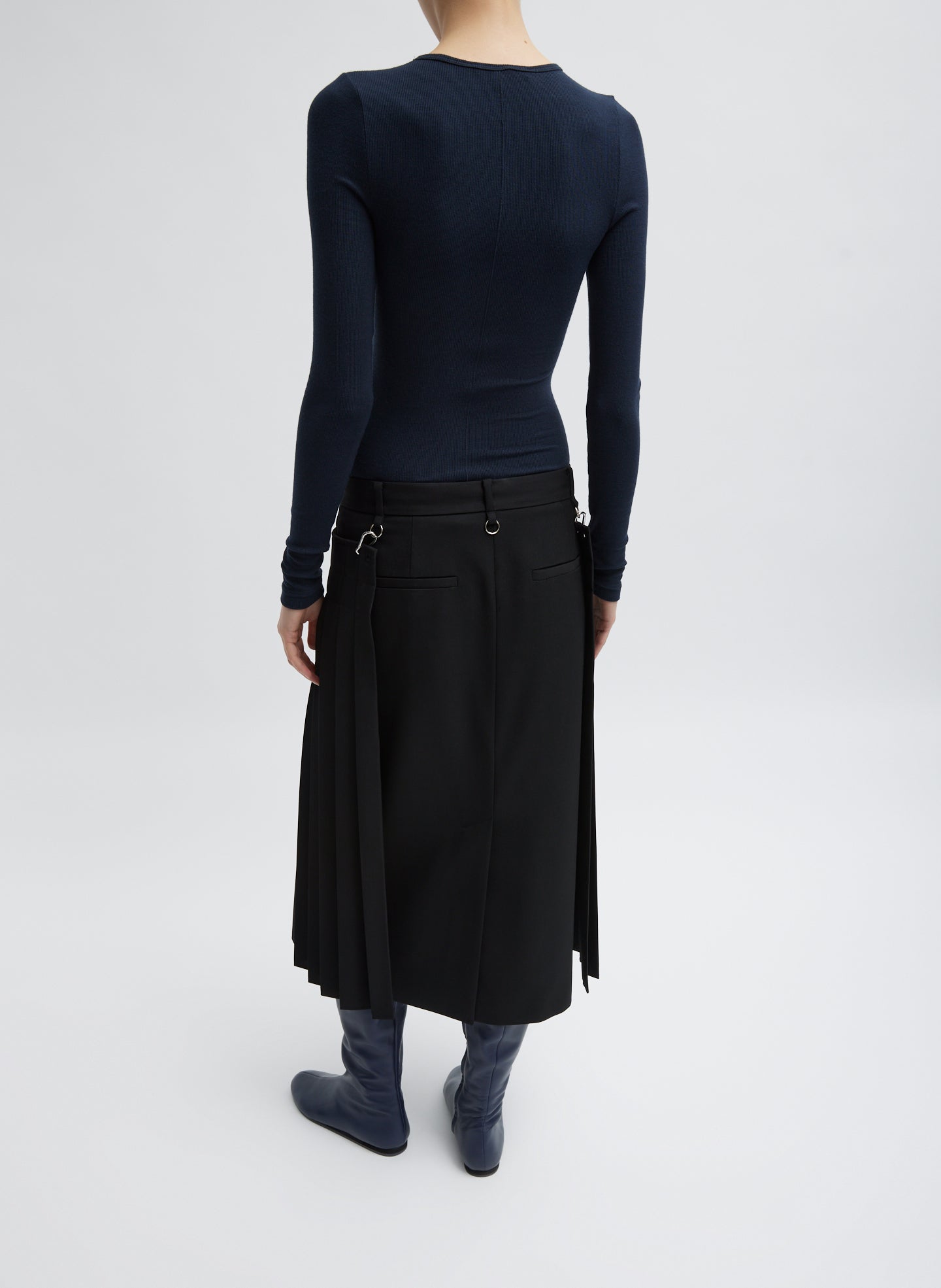 Navy Blue Circular Ribbed Crewneck Pullover T-Shirt - long sleeved tee, back view on model