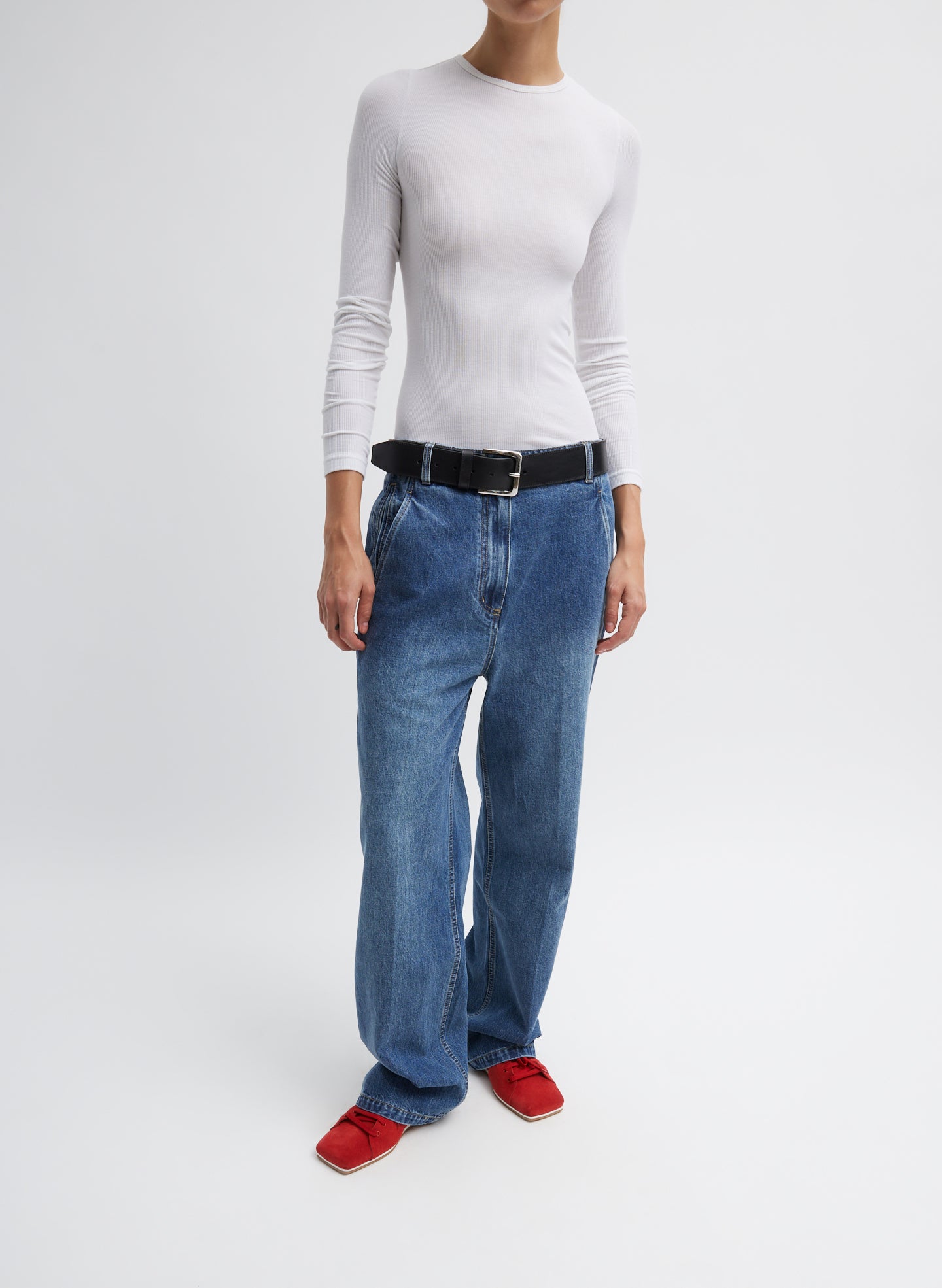 White Circular Ribbed Crewneck Pullover T-Shirt - long sleeved tee, front view on model
