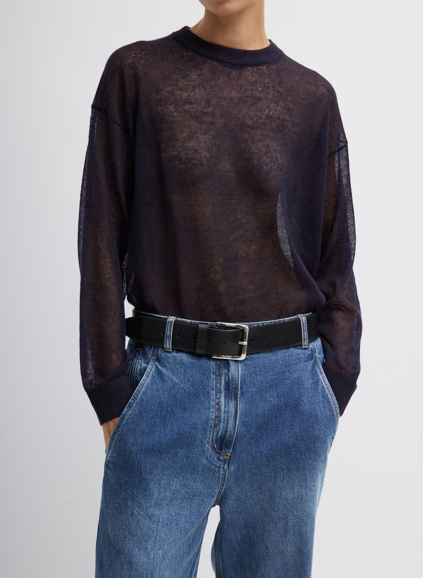 Sheer Sweater Crewneck Easy Pullover - Dark Navy-1