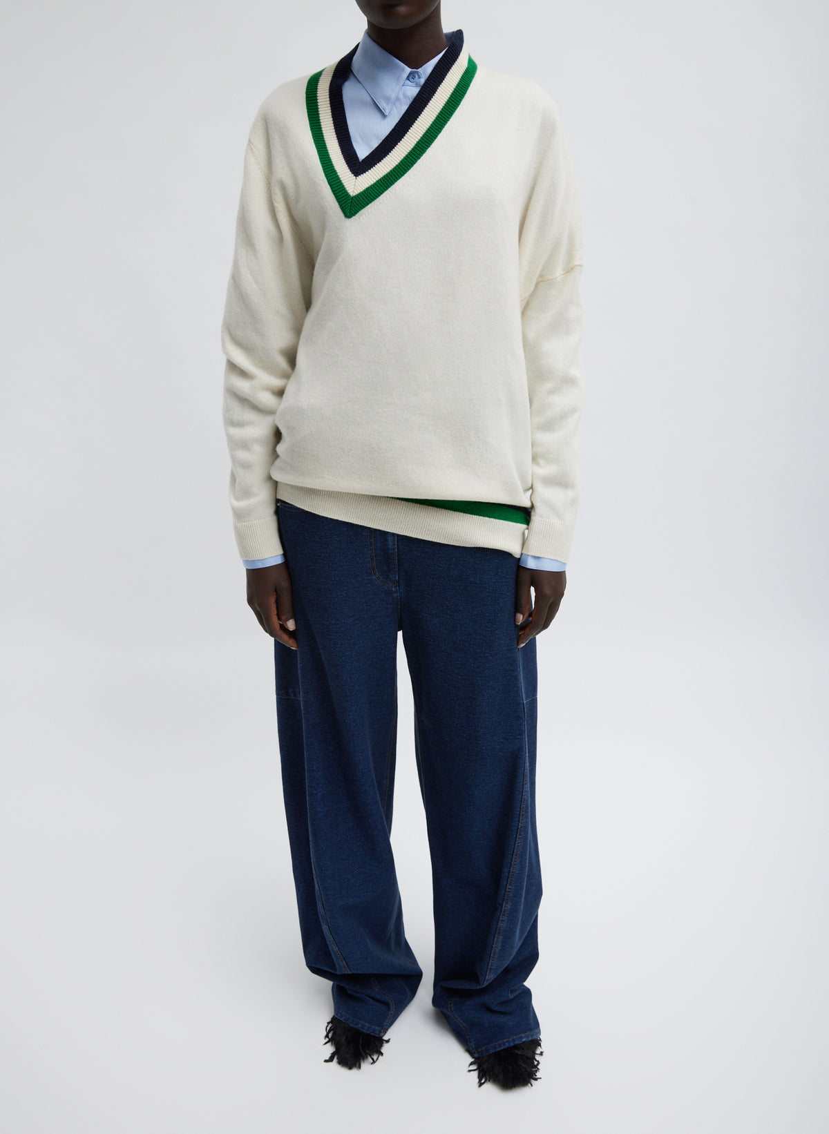Washable Cashmere Striped Warp V-Neck Pullover – Tibi Official