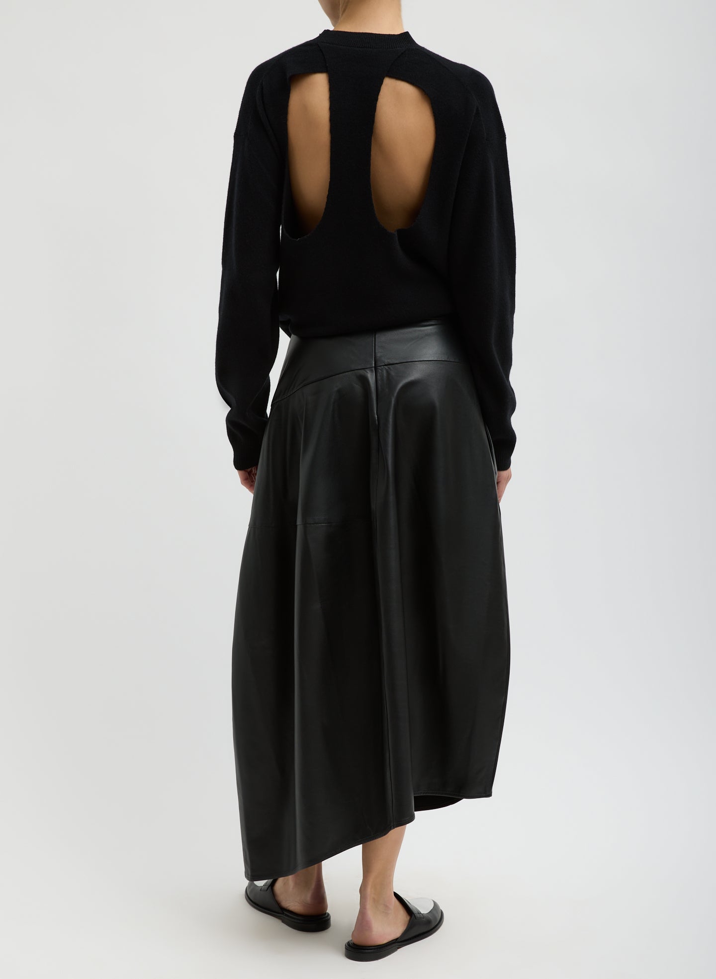 Black Anna Merino Wool Cut Out Racerback Pullover - full look, back view on model