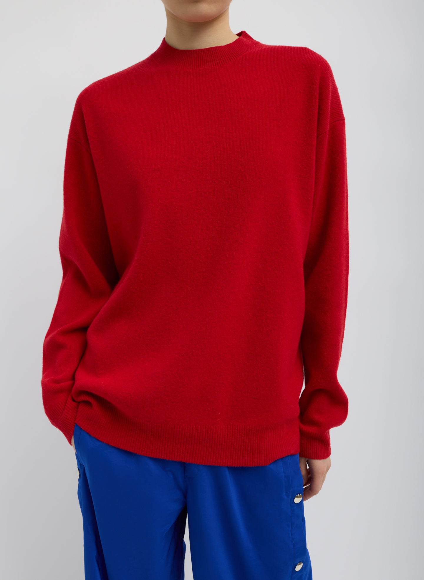 Red Anna Merino Wool Cut Out Racerback Pullover - crewneck sweater, front view on model