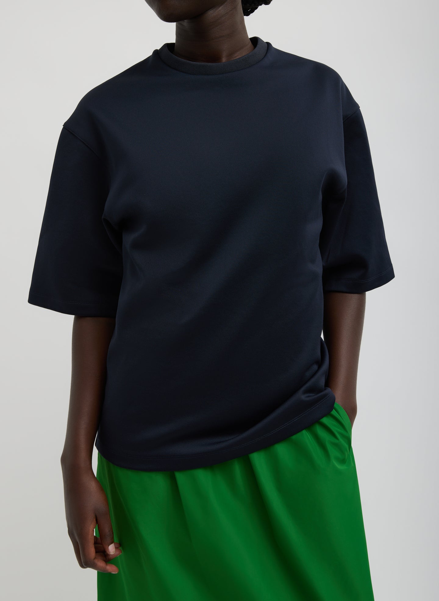 Navy Active Knit Easy T-Shirt - oversized tee, front view on model