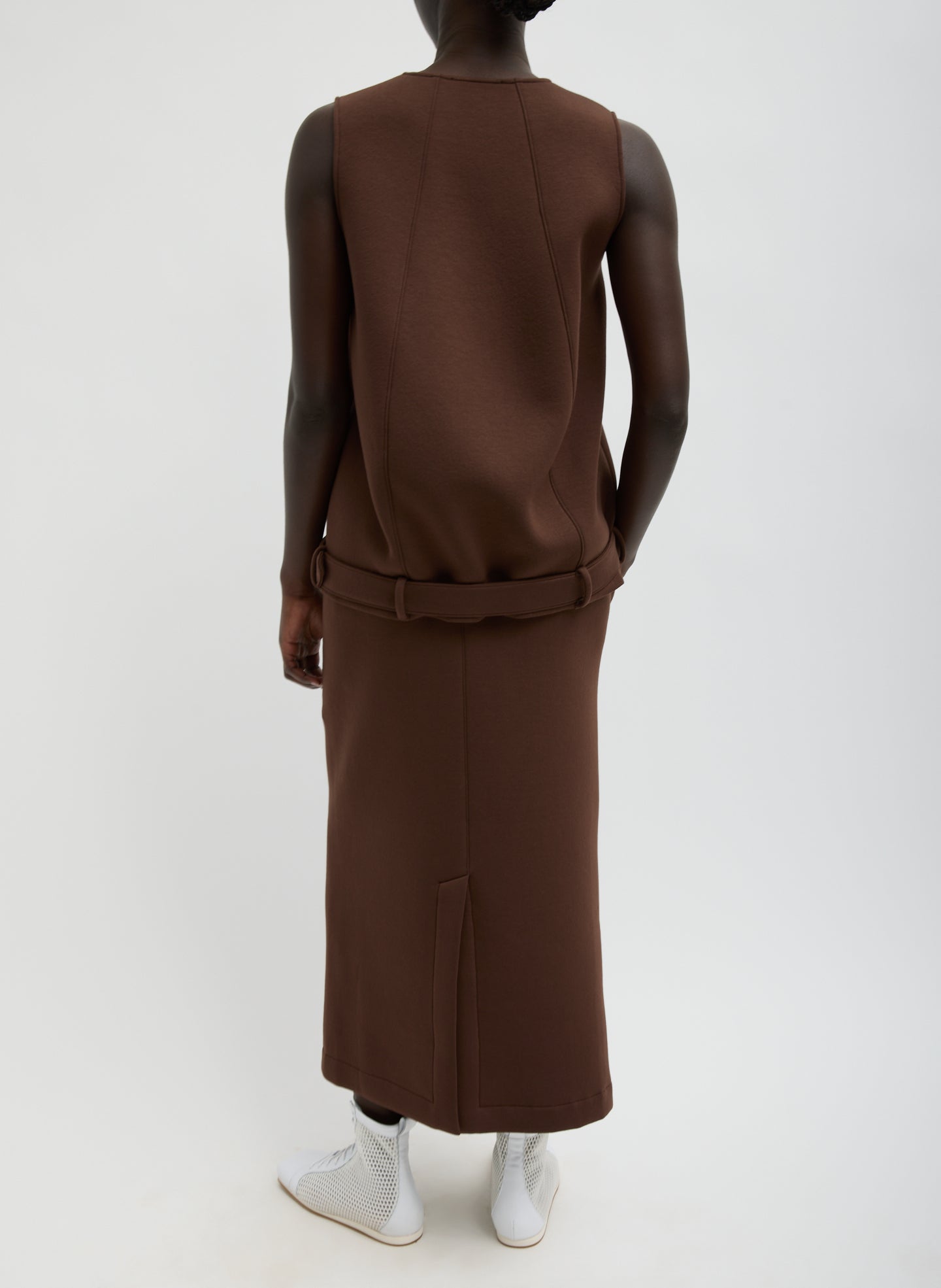 Brown Bonded Viscose Maxi Wrap Skirt - full look, back view on model