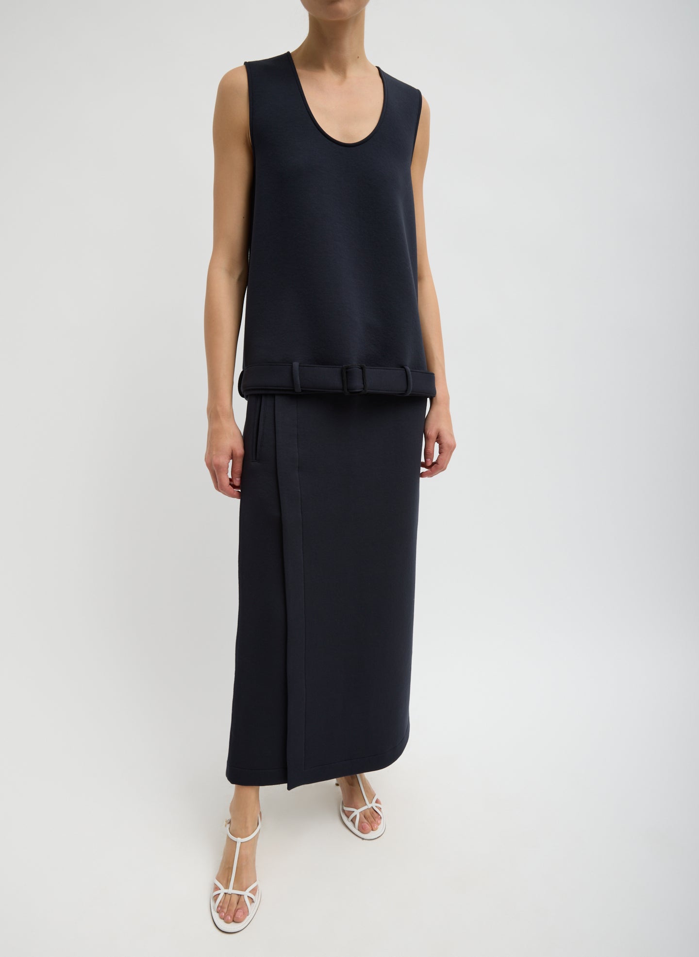 Dark Navy Bonded Viscose Maxi Wrap Skirt - full look, front view on model