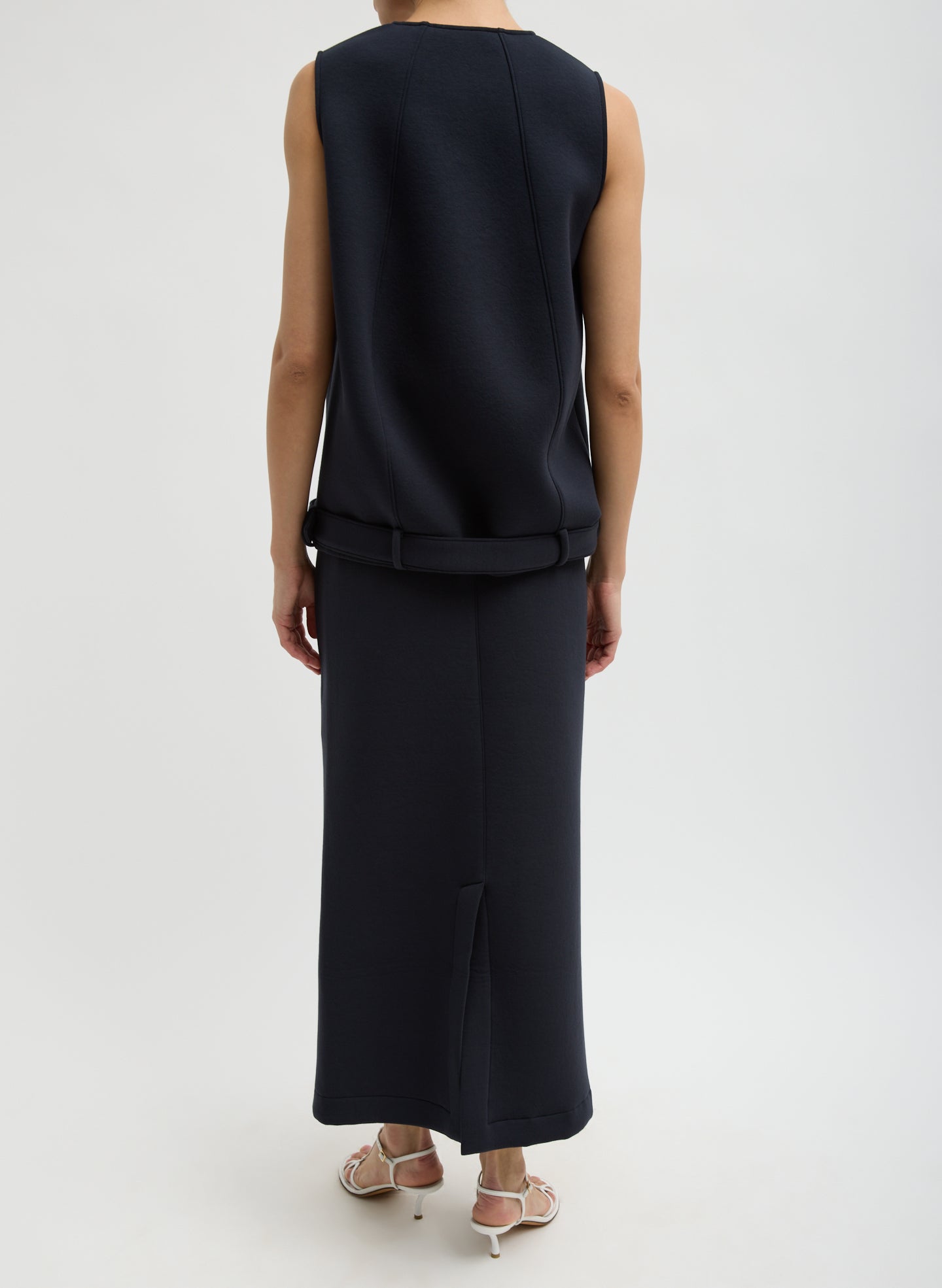 Dark Navy Bonded Viscose Maxi Wrap Skirt - full look, back view on model