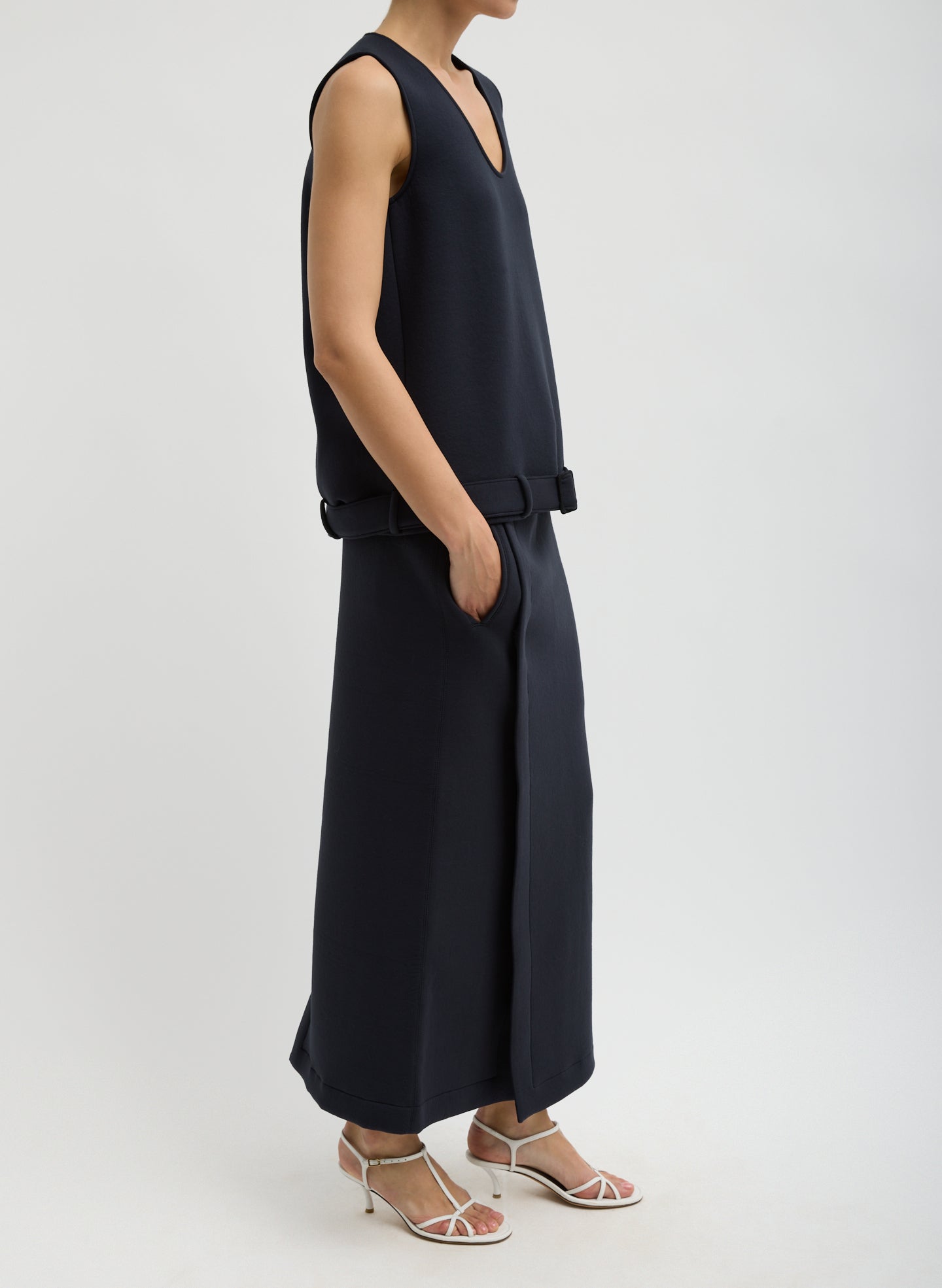 Dark Navy Bonded Viscose Maxi Wrap Skirt - full look, side view on model