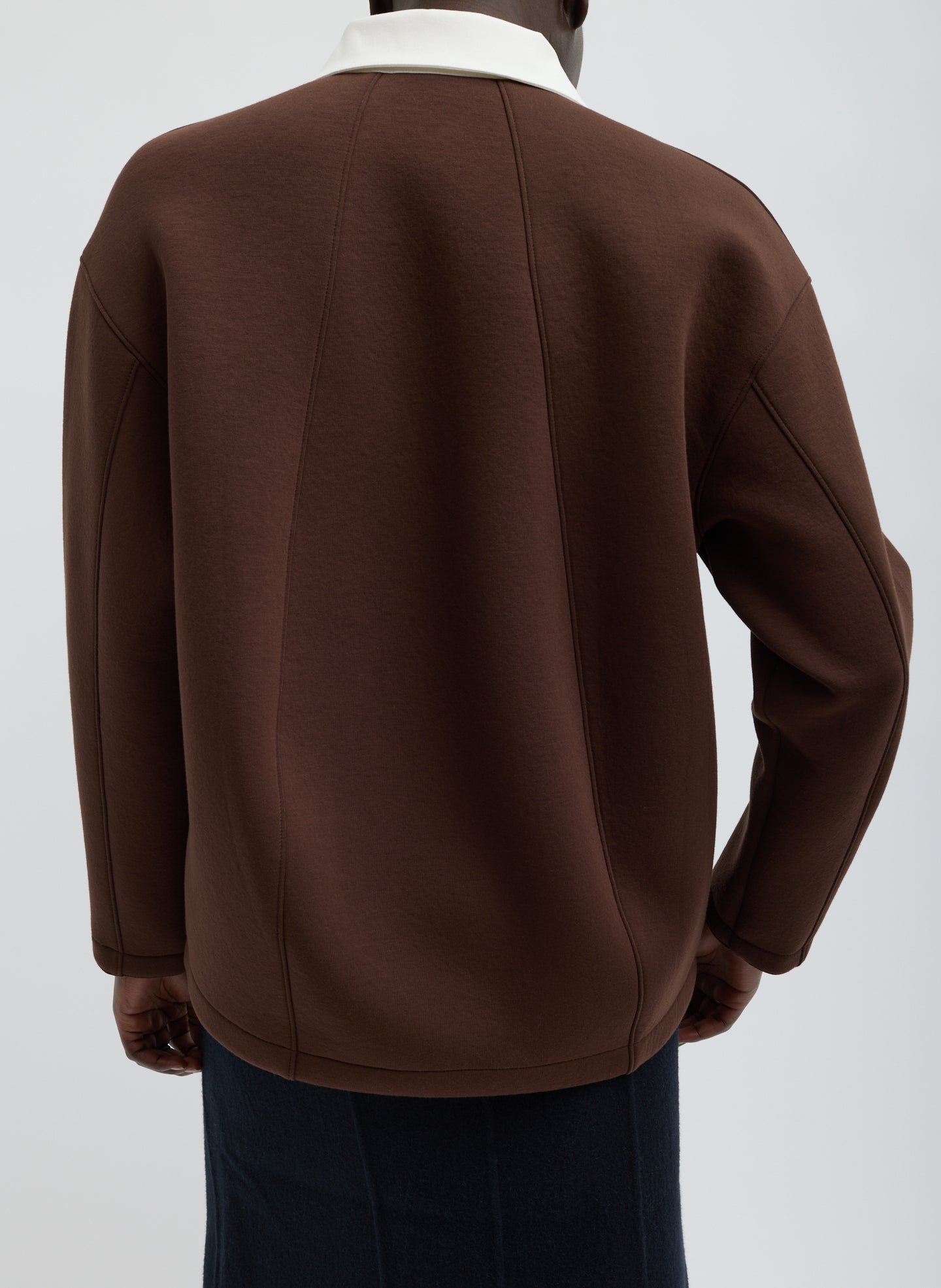 Brown Bonded Viscose Sculpted Polo - white contrast collar, back view on model