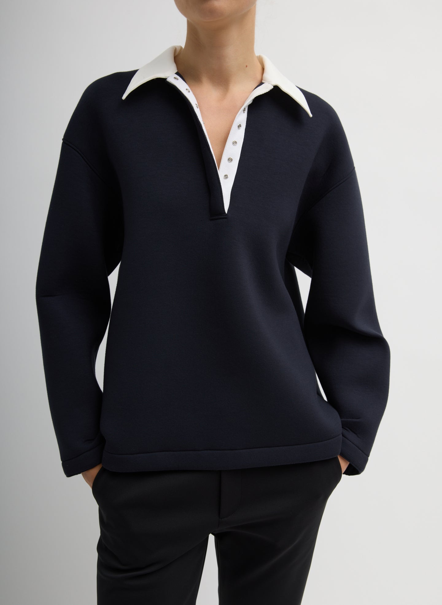 Dark Navy Bonded Viscose Sculpted Polo - white contrast collar, front view on model