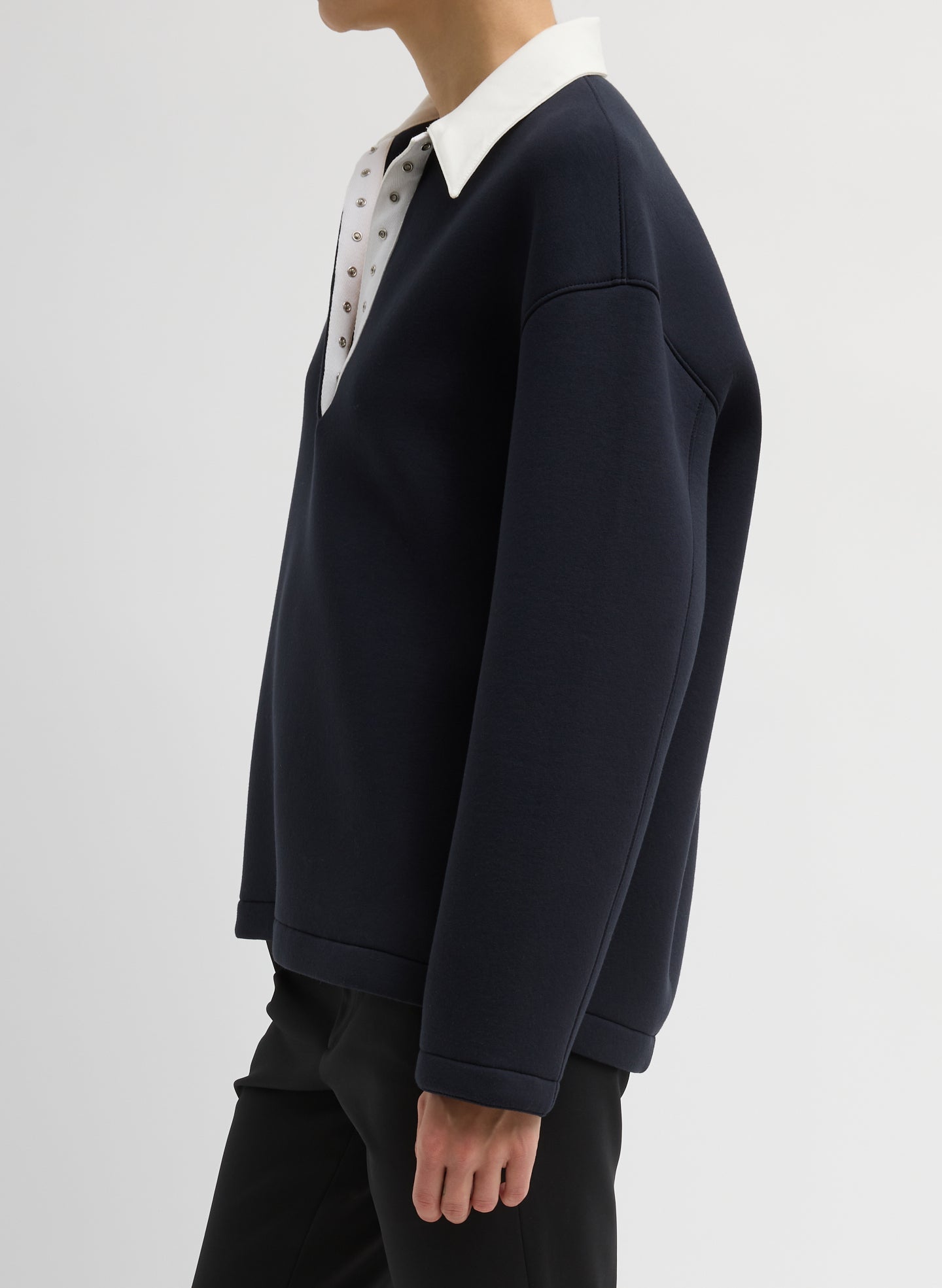 Dark Navy Bonded Viscose Sculpted Polo - white contrast collar, side view on model