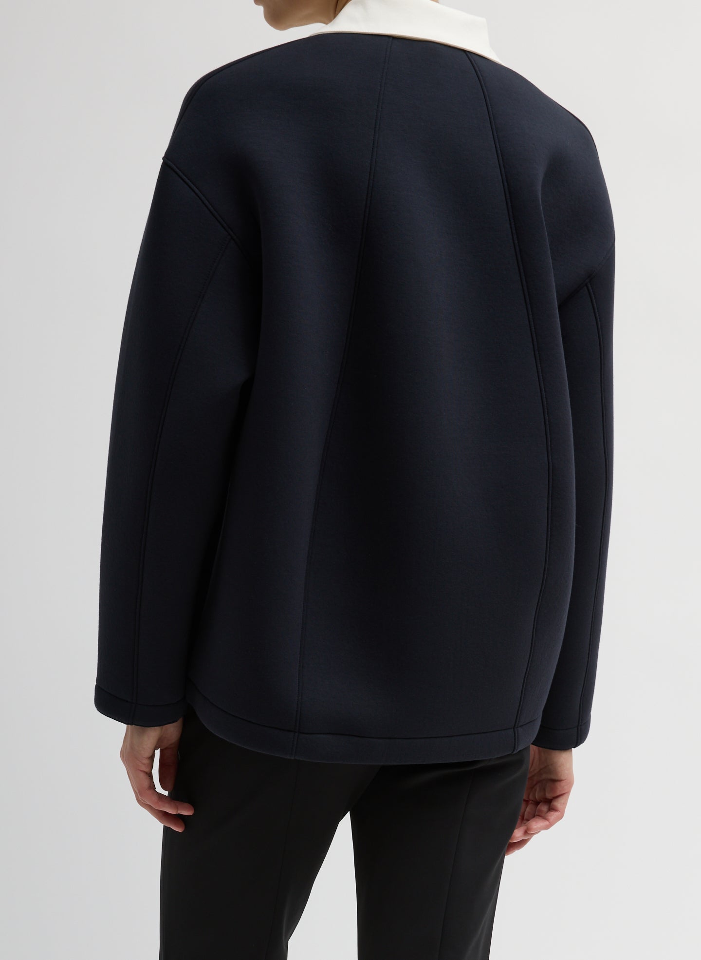 Dark Navy Bonded Viscose Sculpted Polo - white contrast collar, back view on model