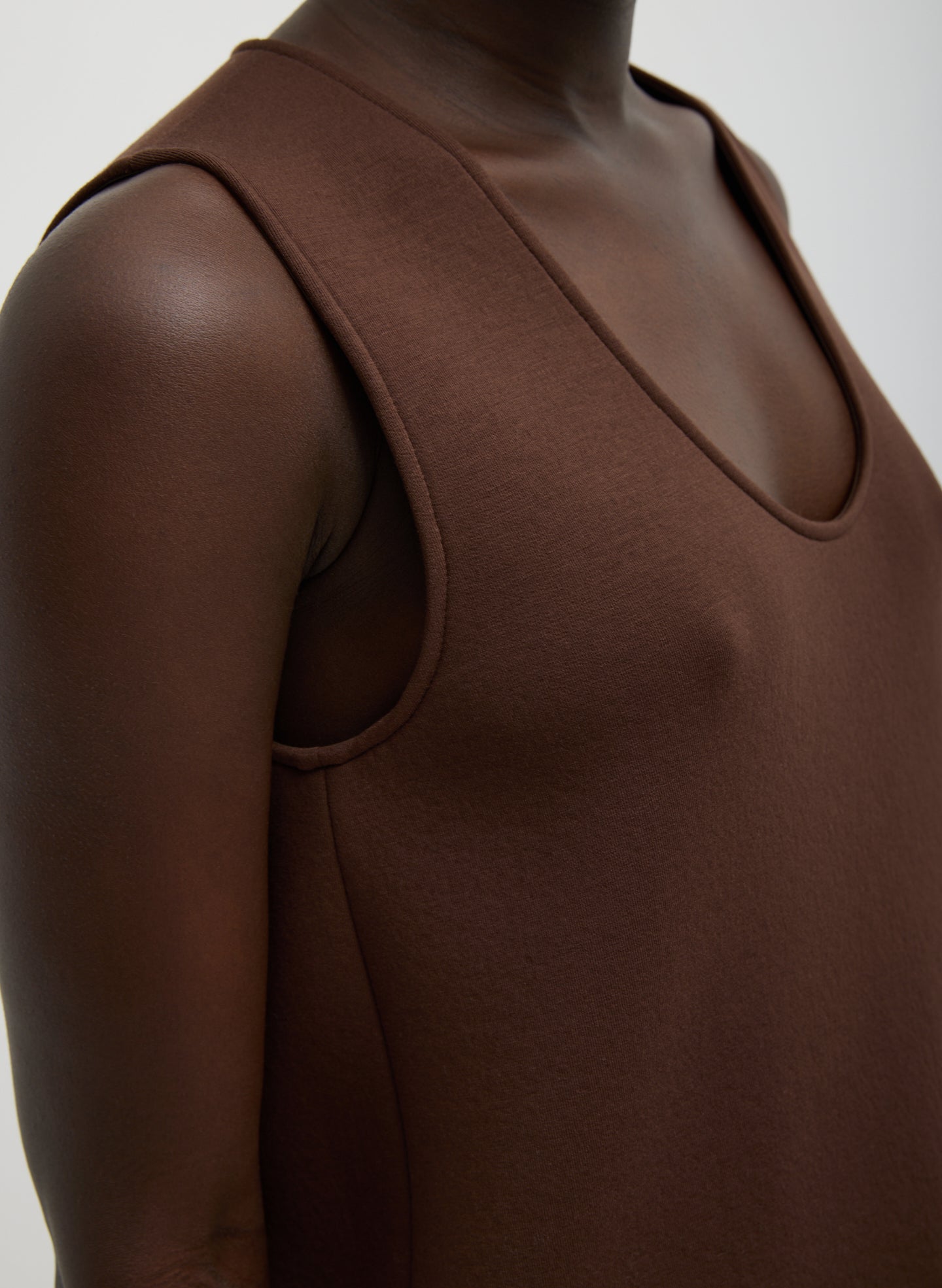 Brown Bonded Viscose Tank Top - closeup of strap and neckline details