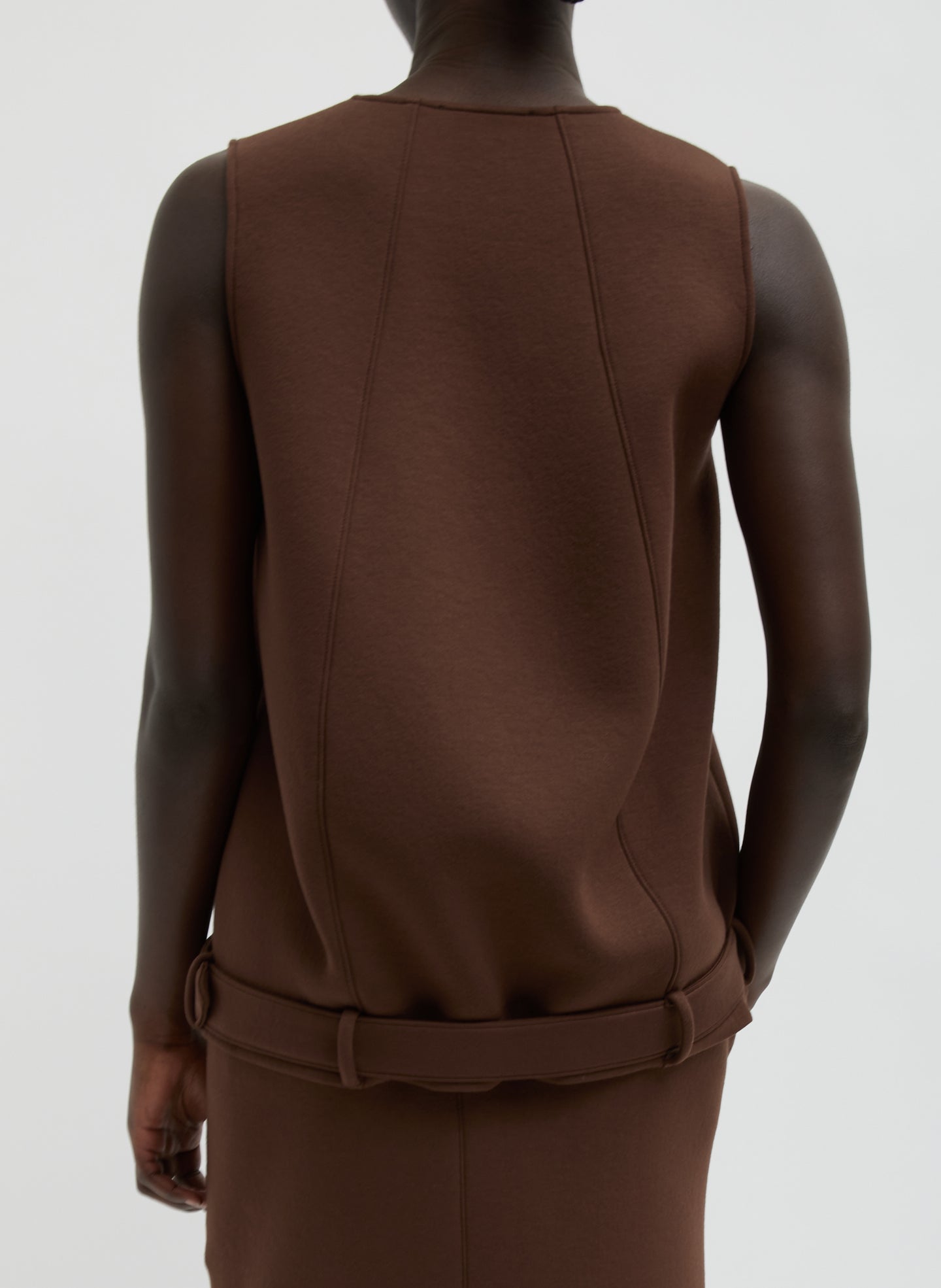 Brown Bonded Viscose Tank Top - belted, back view on model